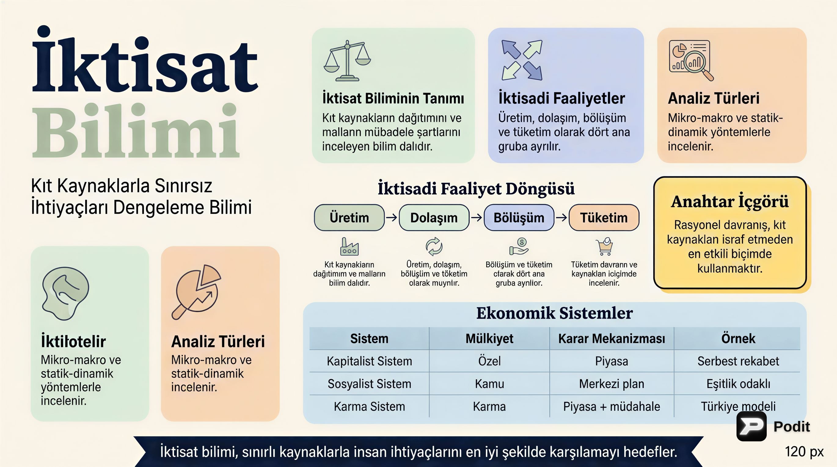 İktisat Bilimi: Tanımı, Faaliyetleri ve Sistemleri - görsel özet infografik