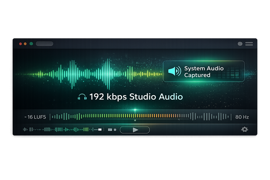 Dark-themed UI graphic showing a glowing soundwave labeled '192 kbps Studio Audio' and a 'System Audio Captured' badge.