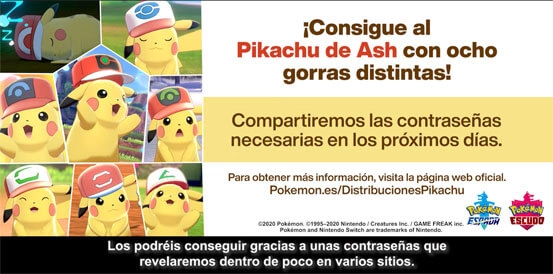 Evento de distribución de Códigos de Pikachu con distintas gorras de Ash en Pokémon Espada y Escudo