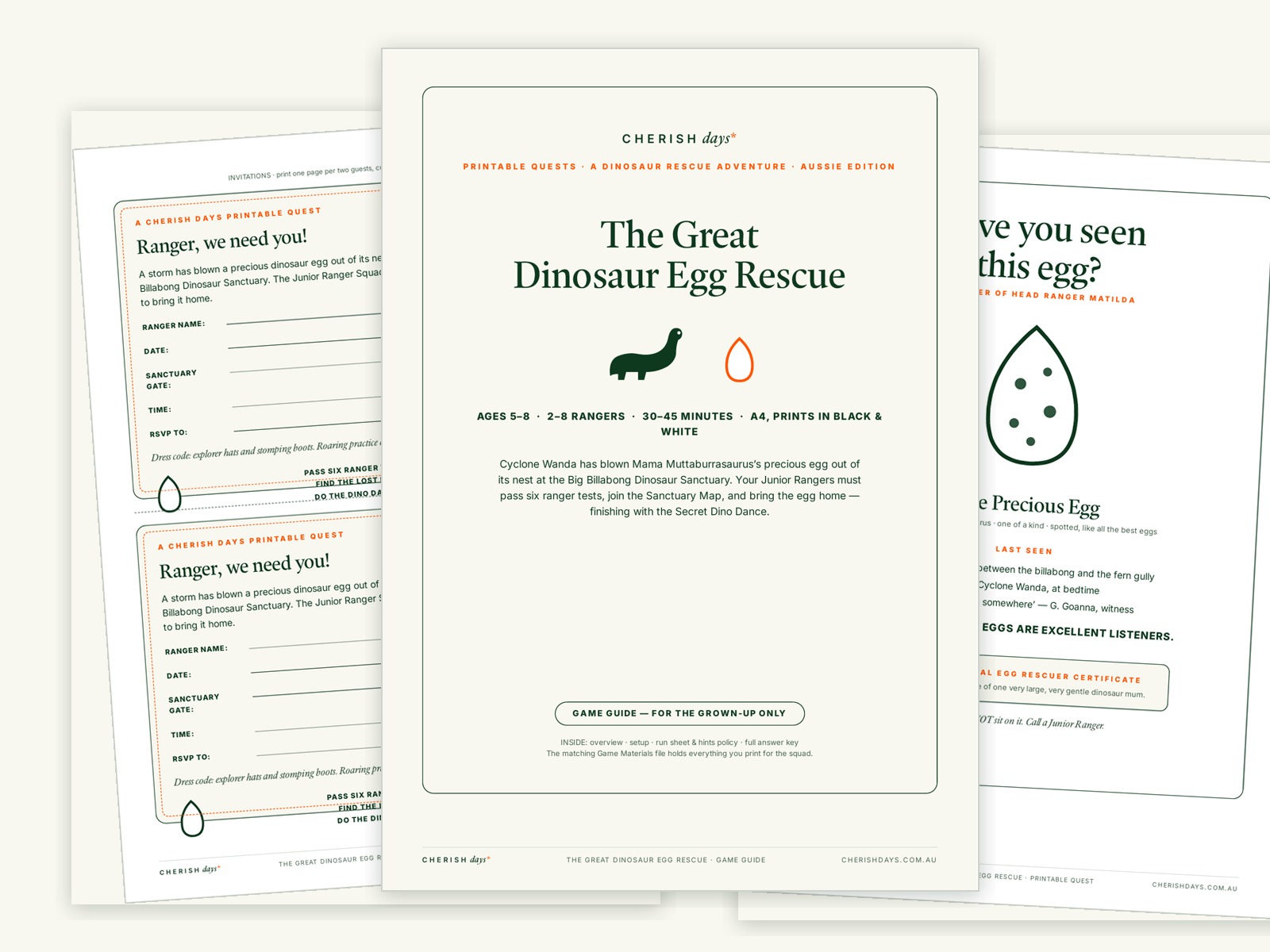 Printed pages of The Great Dinosaur Egg Rescue: title page, ranger invitations and the Precious Egg poster laid out on a cream background