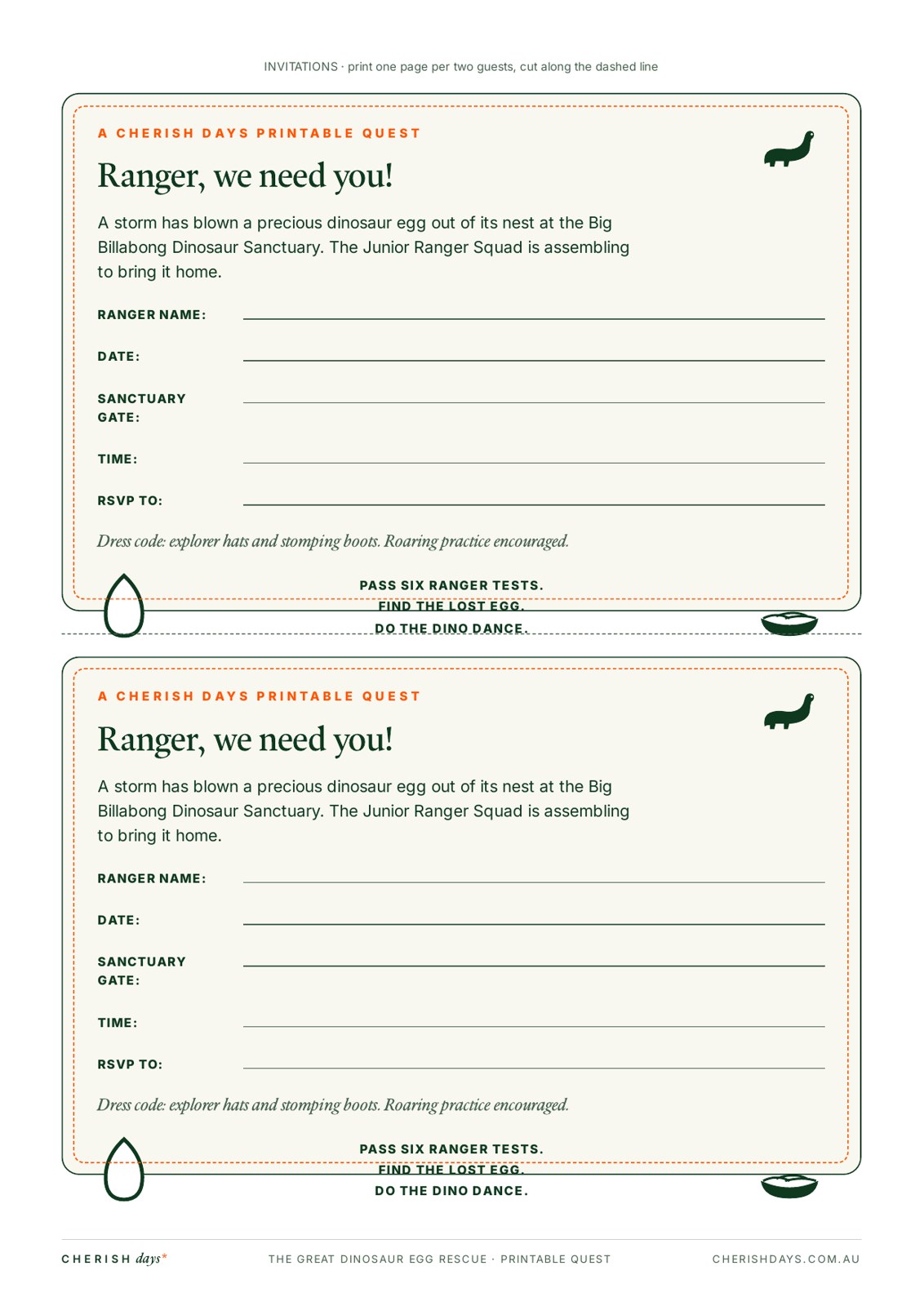 Sample page: 'Ranger, we need you!' dinosaur party invitations, two per A4 page