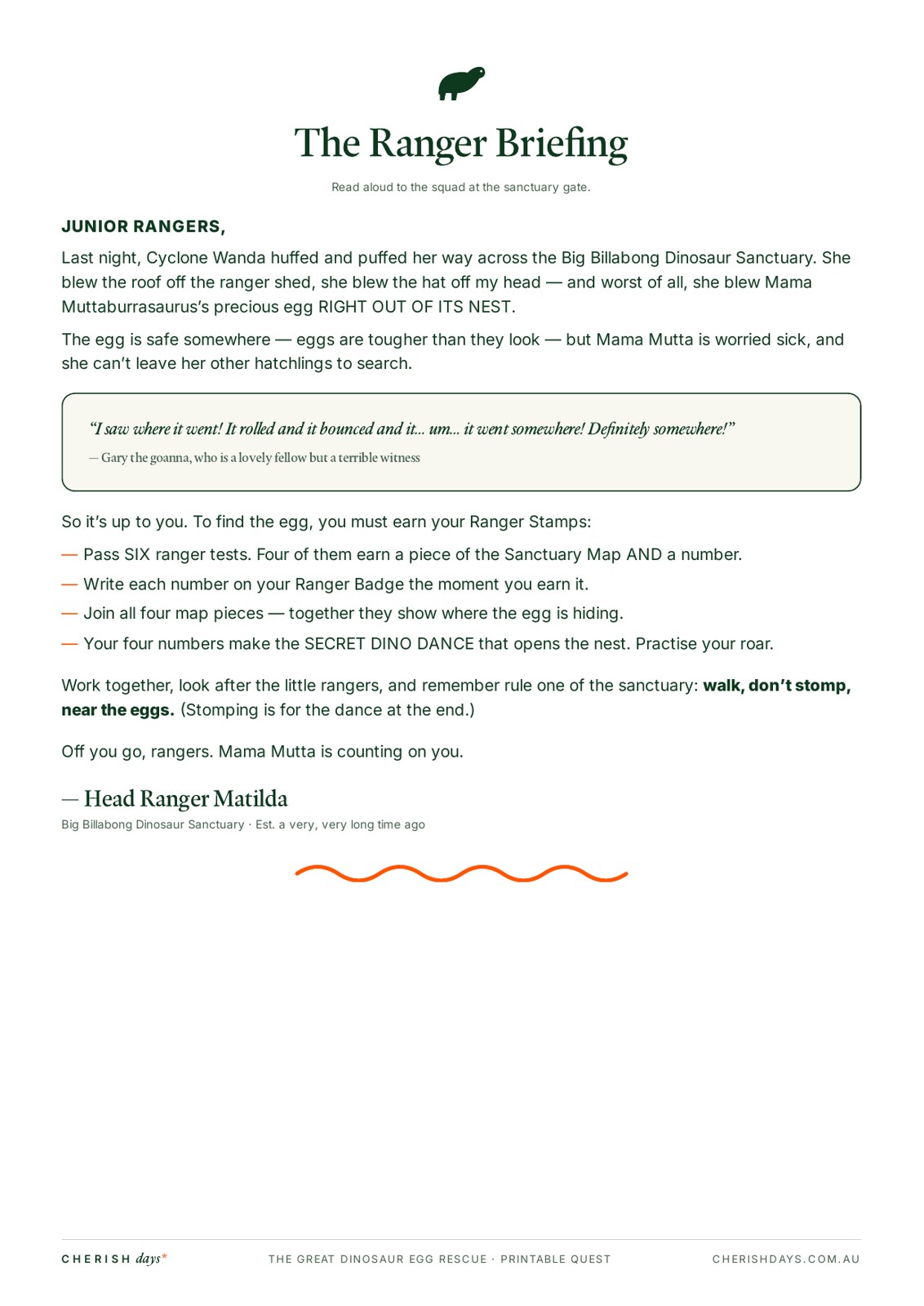 Sample page: Head Ranger Matilda's briefing, read aloud to start the egg rescue