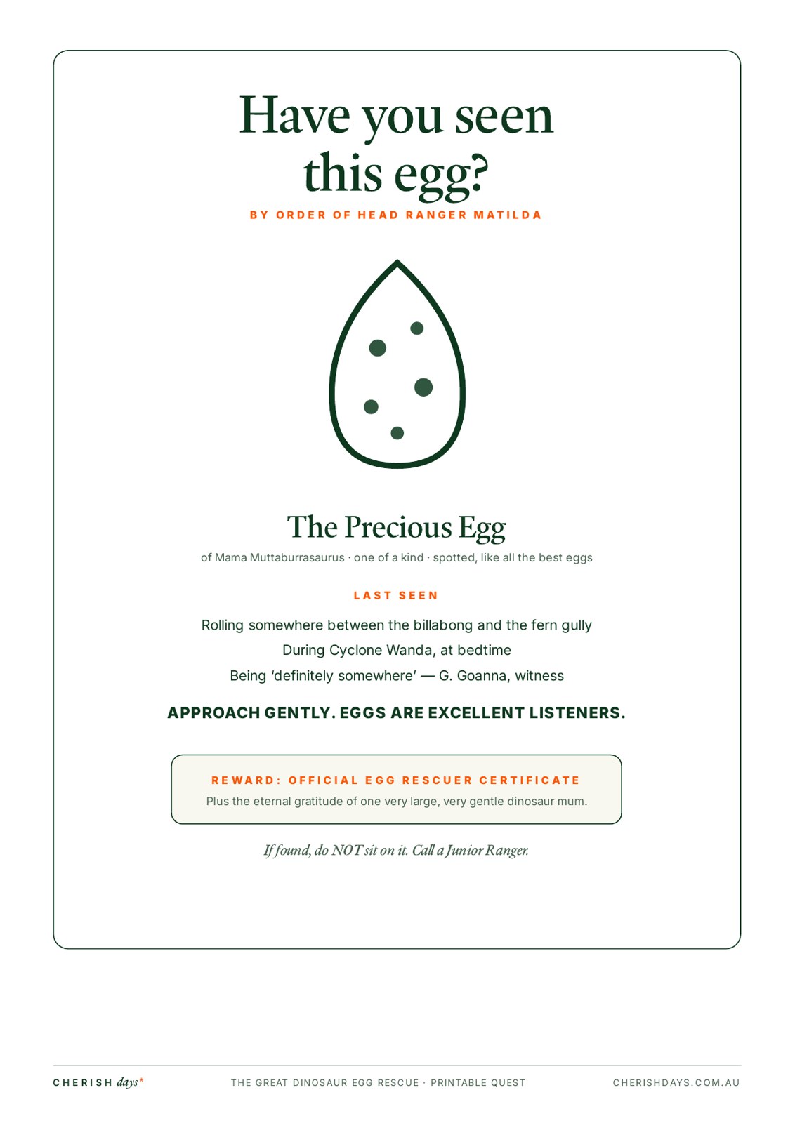 Sample page: 'Have you seen this egg?' poster of the missing spotted dinosaur egg