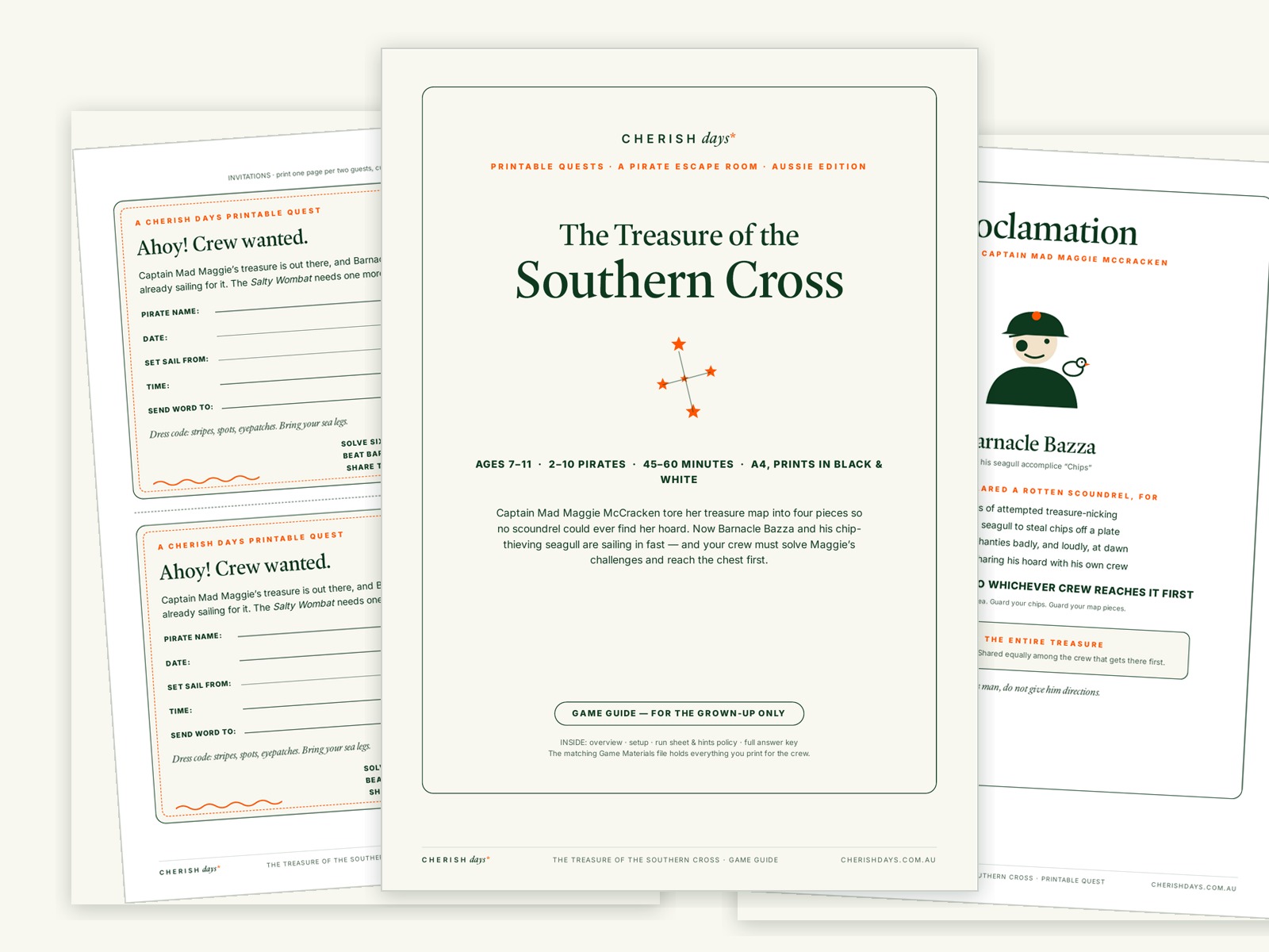 Printed pages of The Treasure of the Southern Cross pirate escape room: title page, party invitations and Barnacle Bazza's wanted proclamation laid out on a cream background