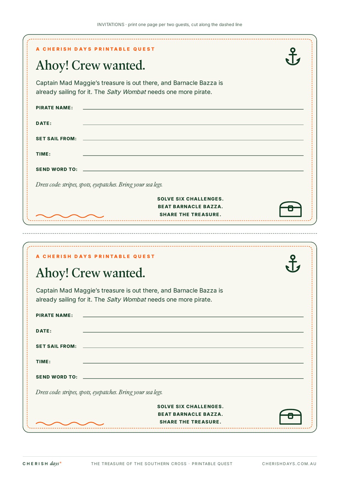 Sample page: 'Ahoy! Crew wanted' pirate party invitations, two per A4 page