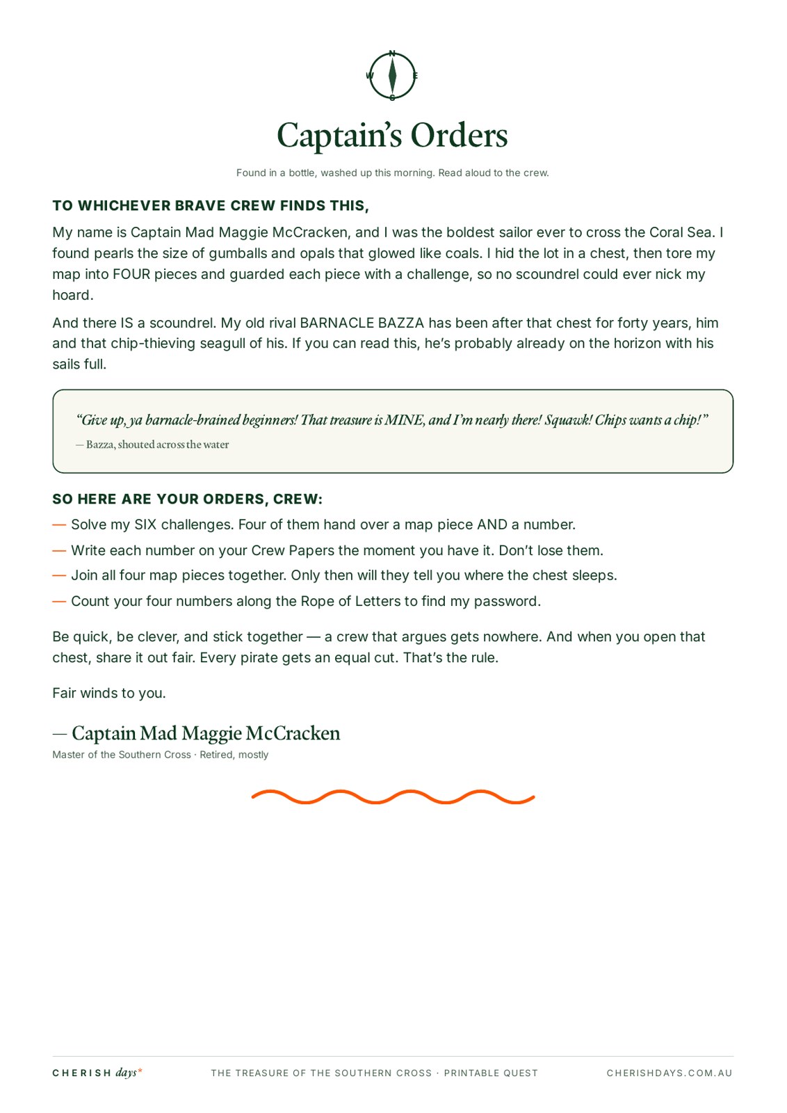 Sample page: Captain Mad Maggie McCracken's orders, read aloud to start the treasure hunt