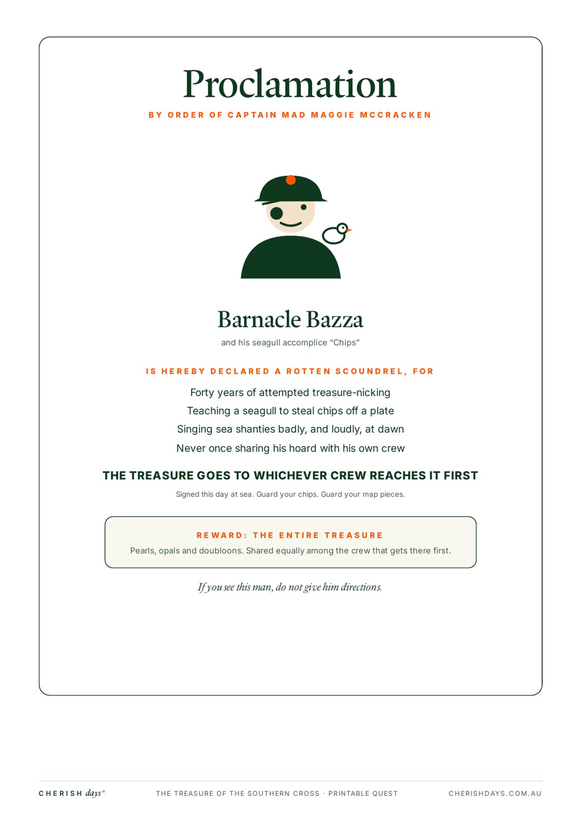 Sample page: pirate proclamation wanted poster for Barnacle Bazza and his seagull Chips