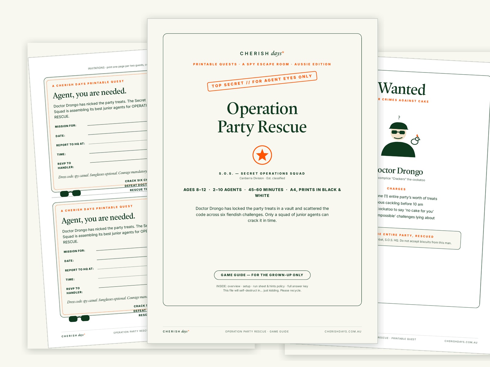 Printed pages of the Operation Party Rescue spy escape room: top-secret title page, classified party invitations and the Doctor Drongo wanted poster on a cream background