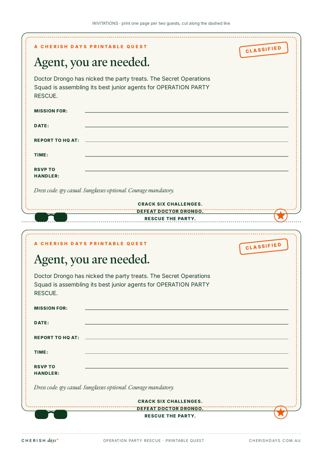 Sample page: 'Agent, you are needed' classified spy party invitations, two per A4 page