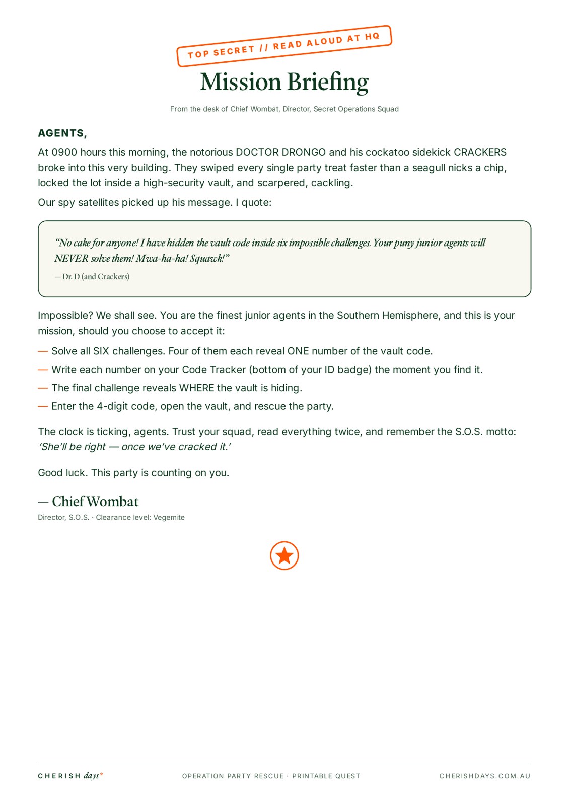 Sample page: Chief Wombat's top-secret mission briefing, read aloud to start the game