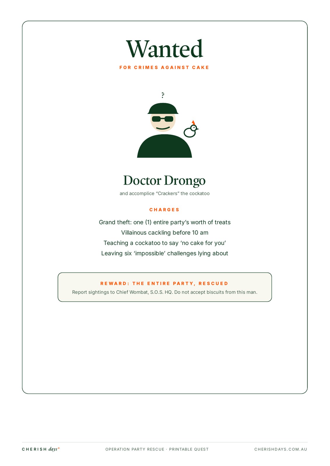 Sample page: WANTED poster for Doctor Drongo and his cockatoo accomplice Crackers, for crimes against cake
