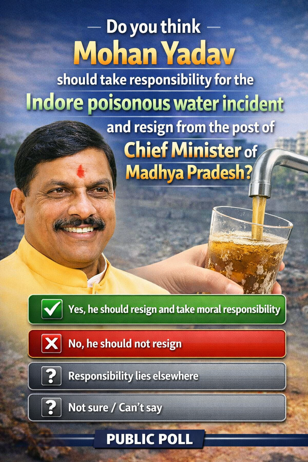 Do you think Mohan Yadav should take responsibility for the Indore poisonous water incident and resign from the post of Chief Minister of Madhya Pradesh?