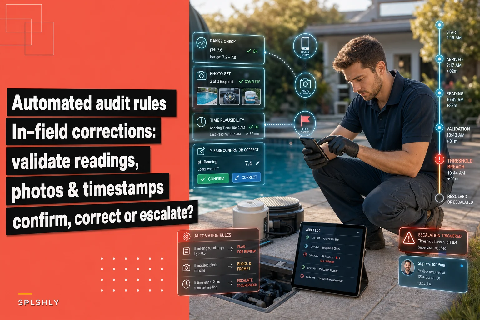 Automated audit rules and in-field corrections for technician reports
