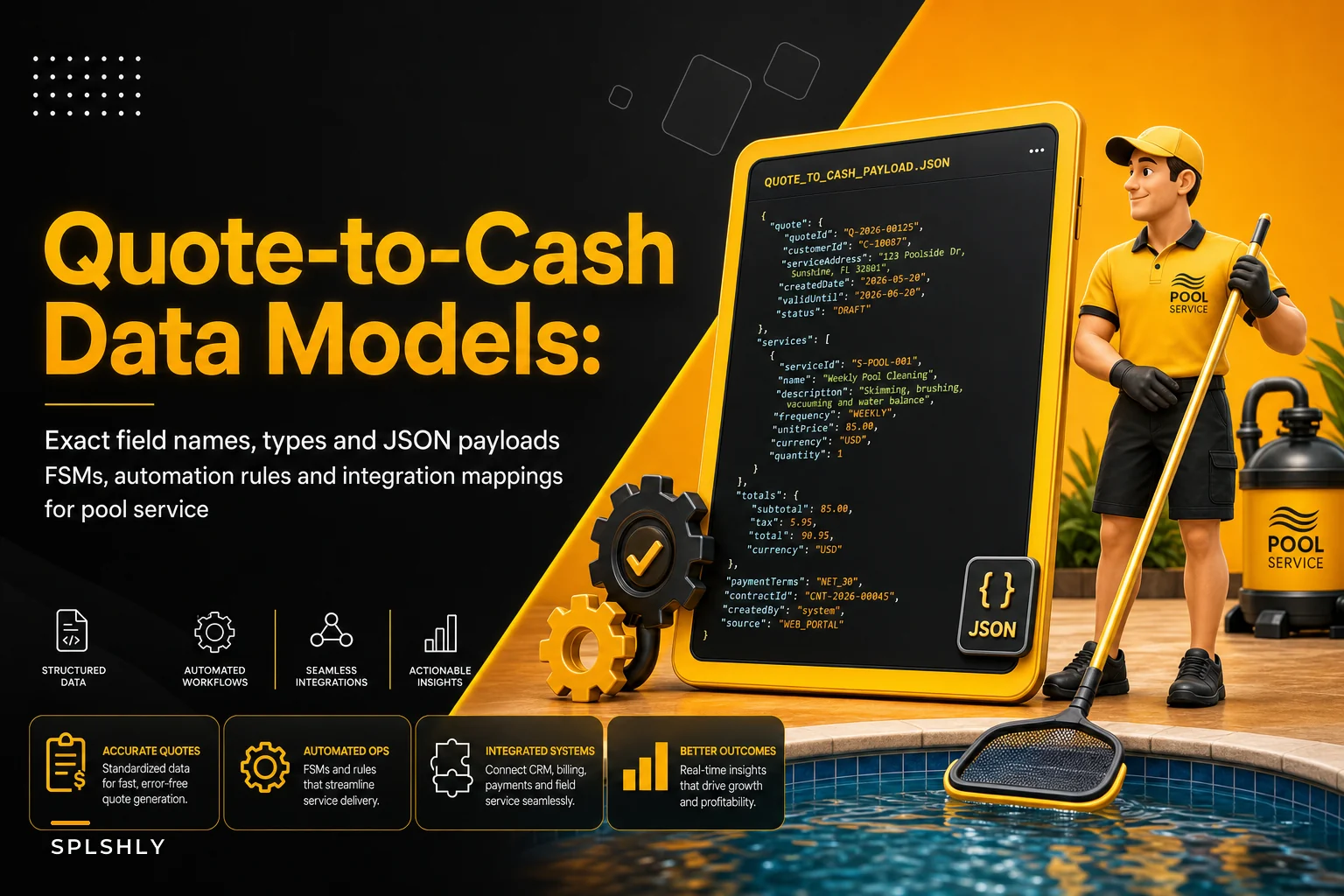 Implementation playbook: concrete data models, JSON payloads and automation rules for pool service quote‑to‑cash