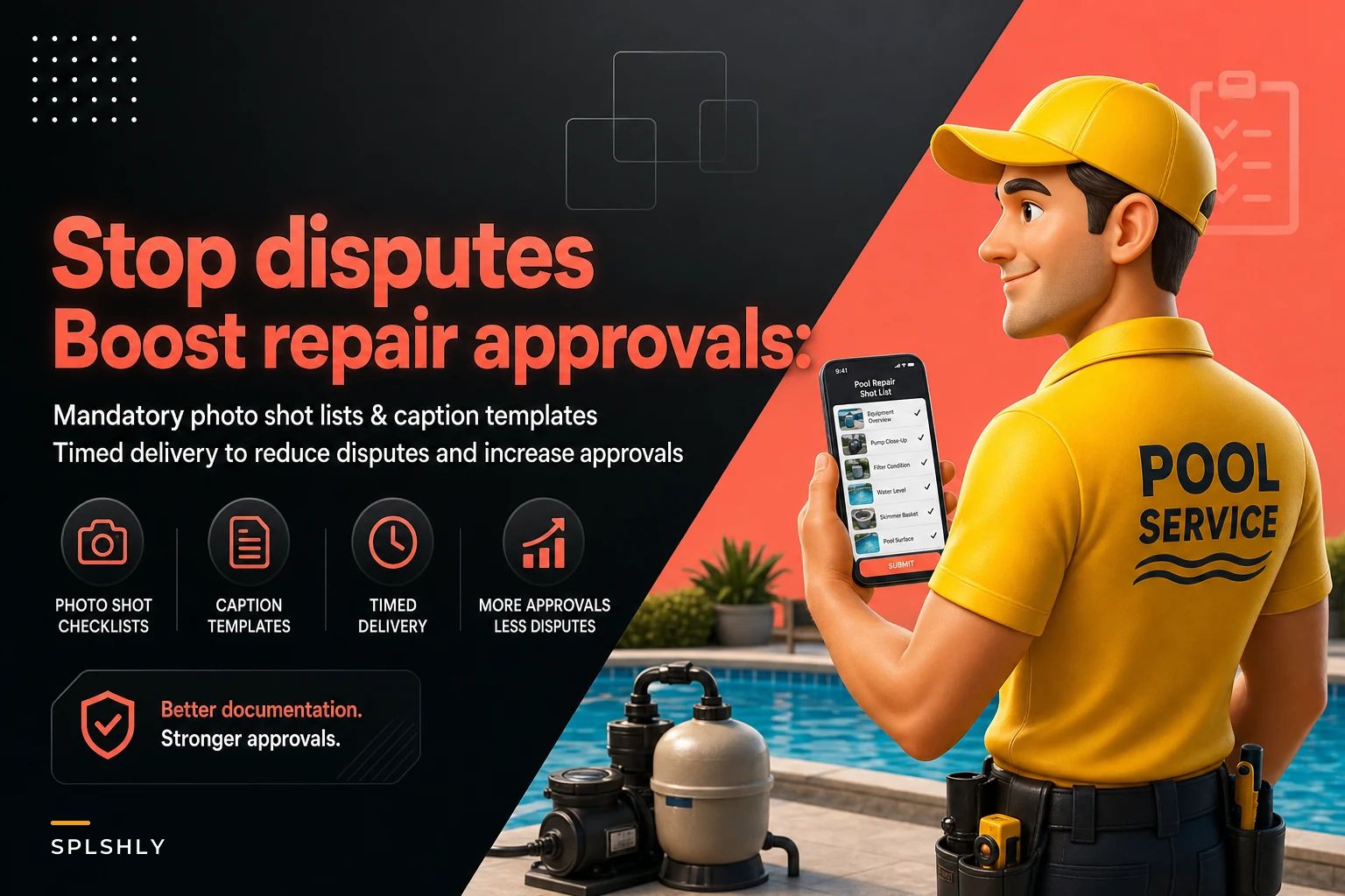 Stop disputes and boost repair approvals: mandatory photo shot lists and caption templates for pool techs