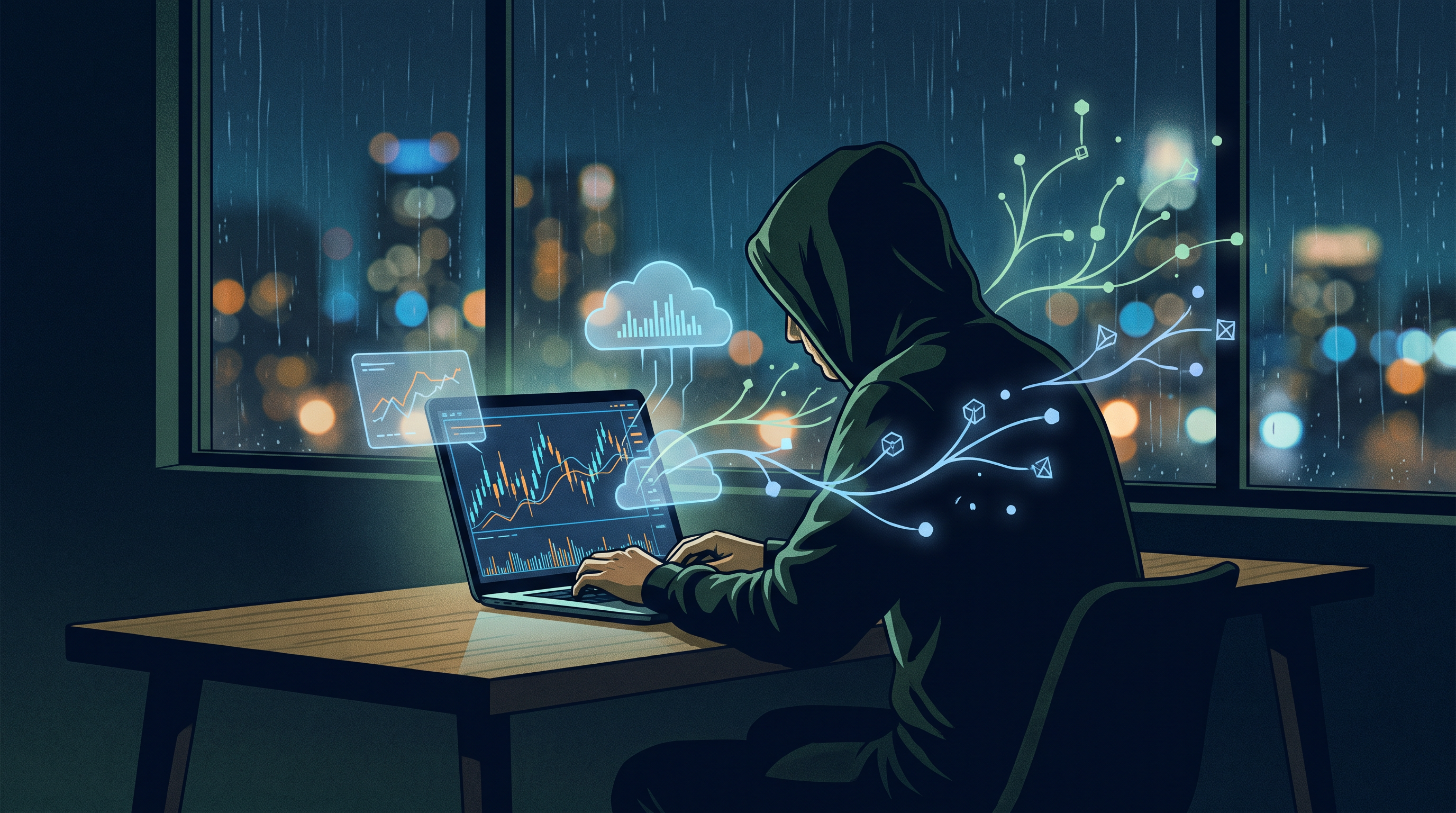 Illustration of a hooded figure trading on a laptop at night, surrounded by glowing AI and data network graphics