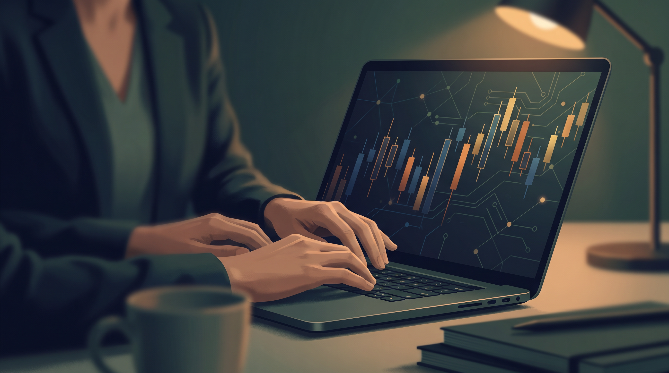 Abstract illustration of layered trading account cards with an upward growth arrow