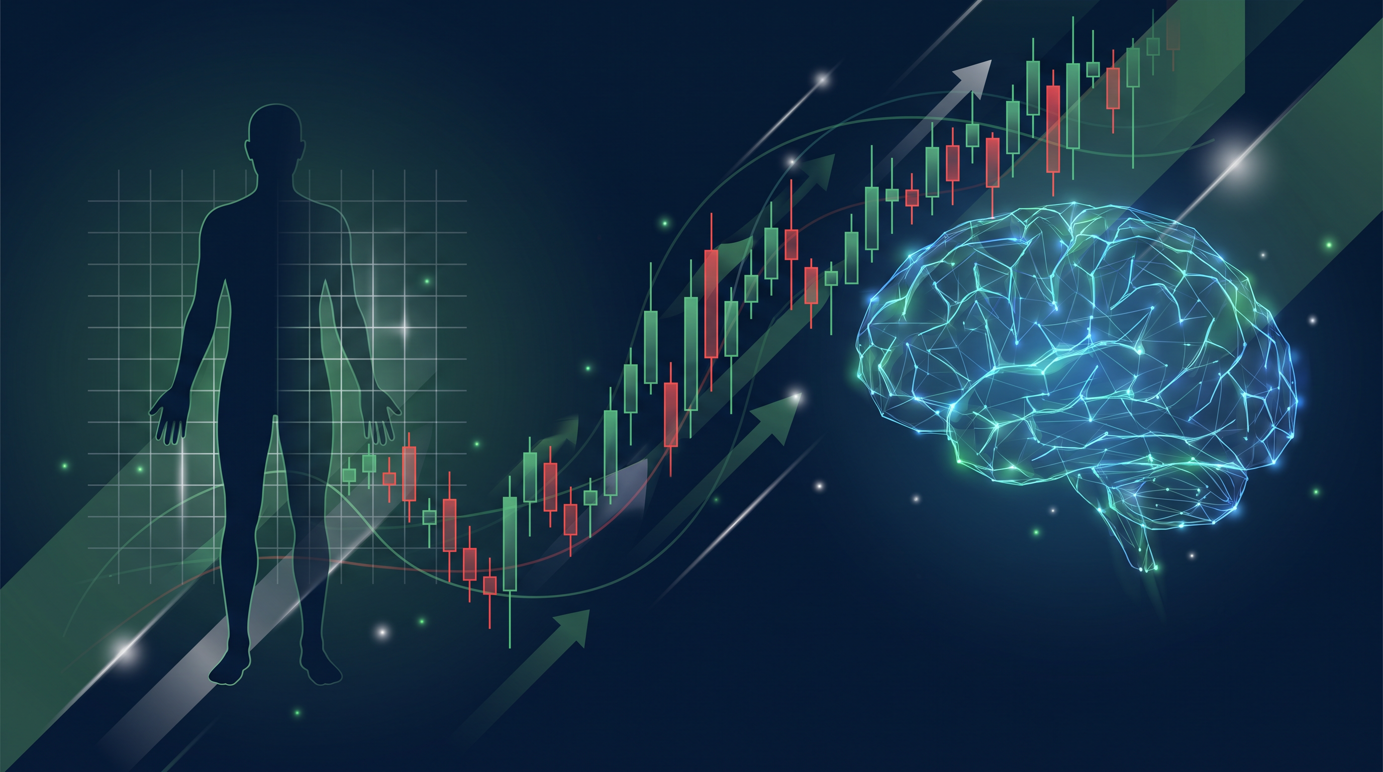 Abstract illustration of a descending red chart line transitioning to an ascending green line