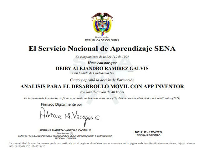 Certificado ANALISIS PARA EL DESAROLLO MOVIL CON APP INVENTOR