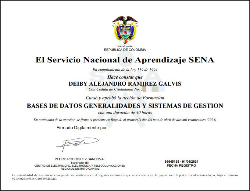 Certificado BASES DE DATOS GENERALIDADES Y SISTEMAS DE GESTION