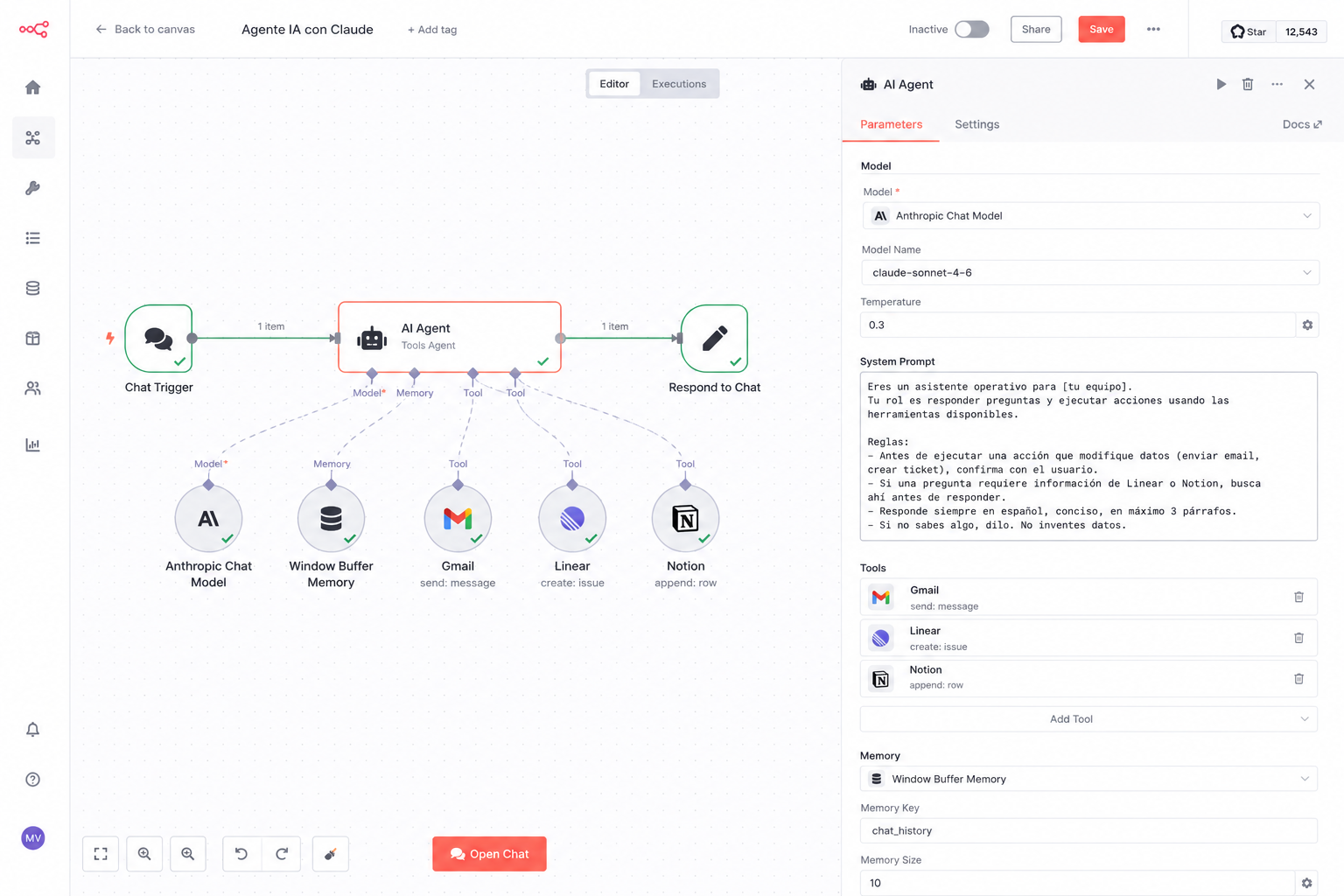 Configuración del nodo AI Agent con Claude conectado y herramientas vinculadas