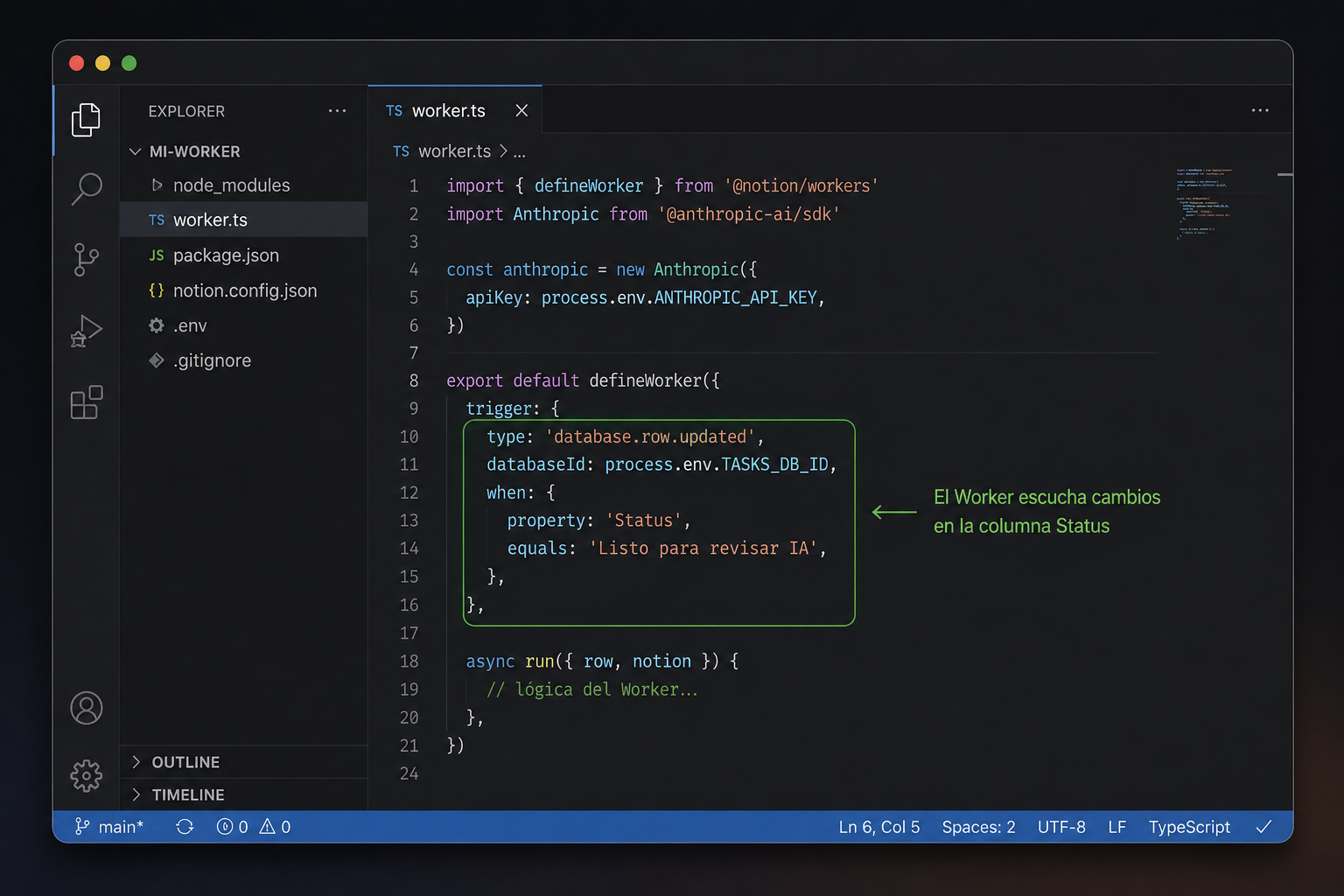 Vista del editor con worker.ts mostrando el trigger configurado