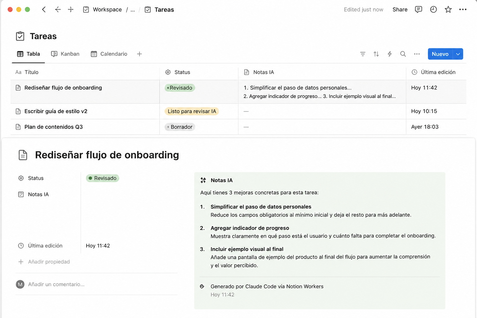 Captura del workspace con una tarea revisada y notas IA visibles