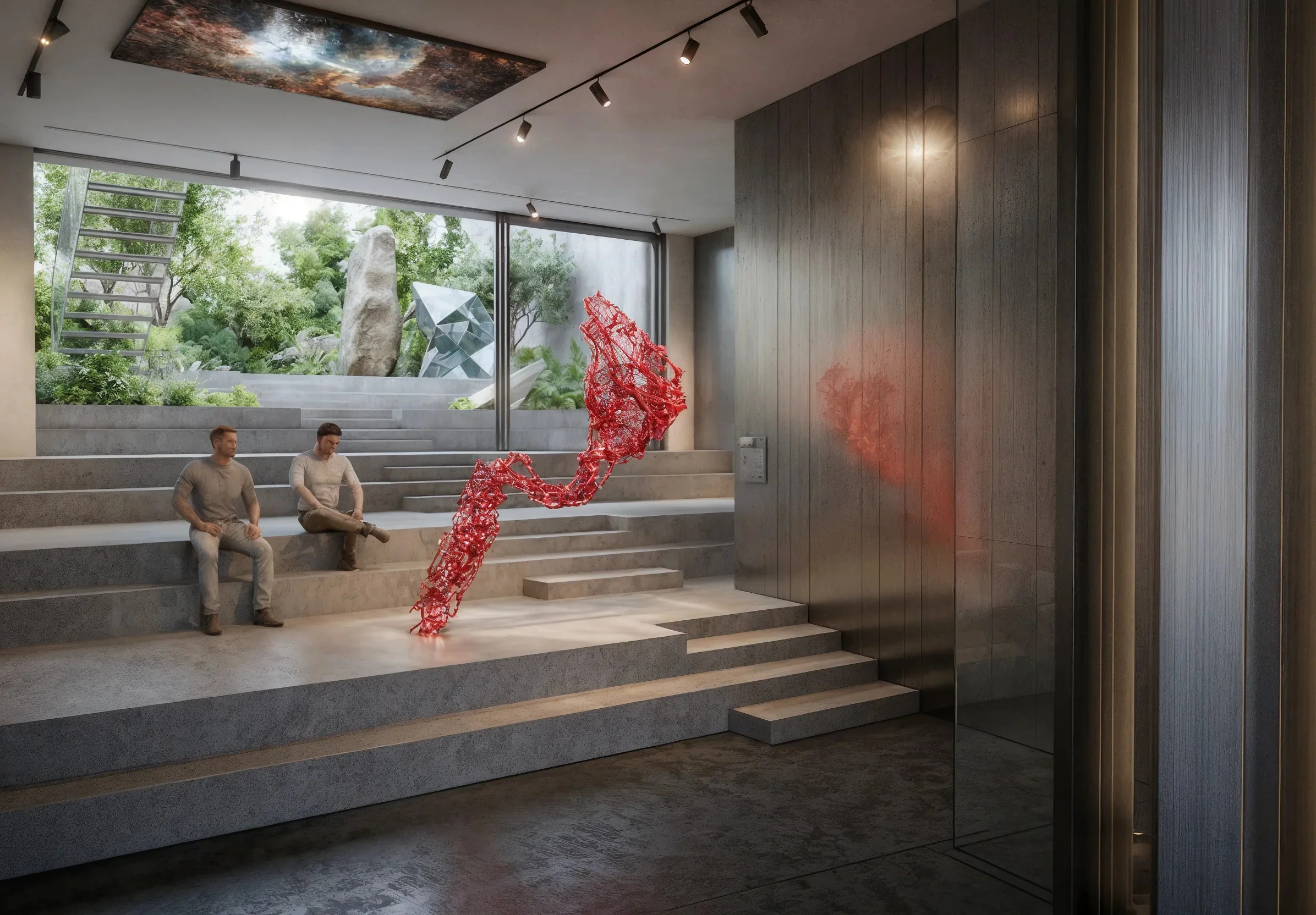 Innenansicht der Ausstellung im Atelierhaus Cottbus mit Betontreppe und roter Skulptur.