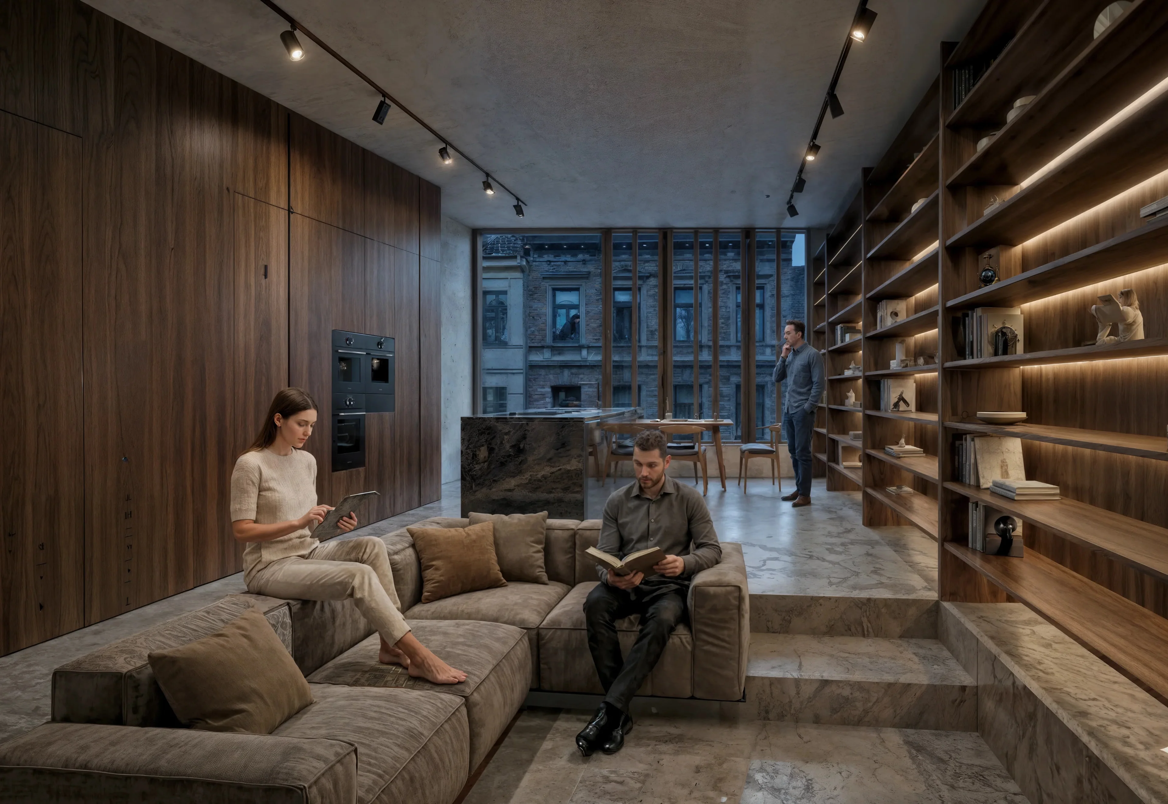 Innenansicht der Künstlerwohnung im Atelierhaus Cottbus mit tiefergelegtem Wohnbereich, Küche und großem Holzregal.