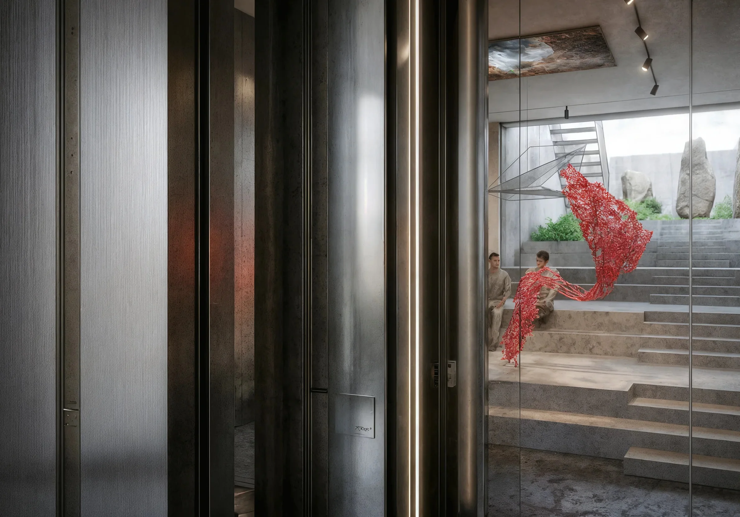 Nahaufnahme der Trennwand mit Metall-Lichtlamellen und Blick auf die Ausstellungstreppe.