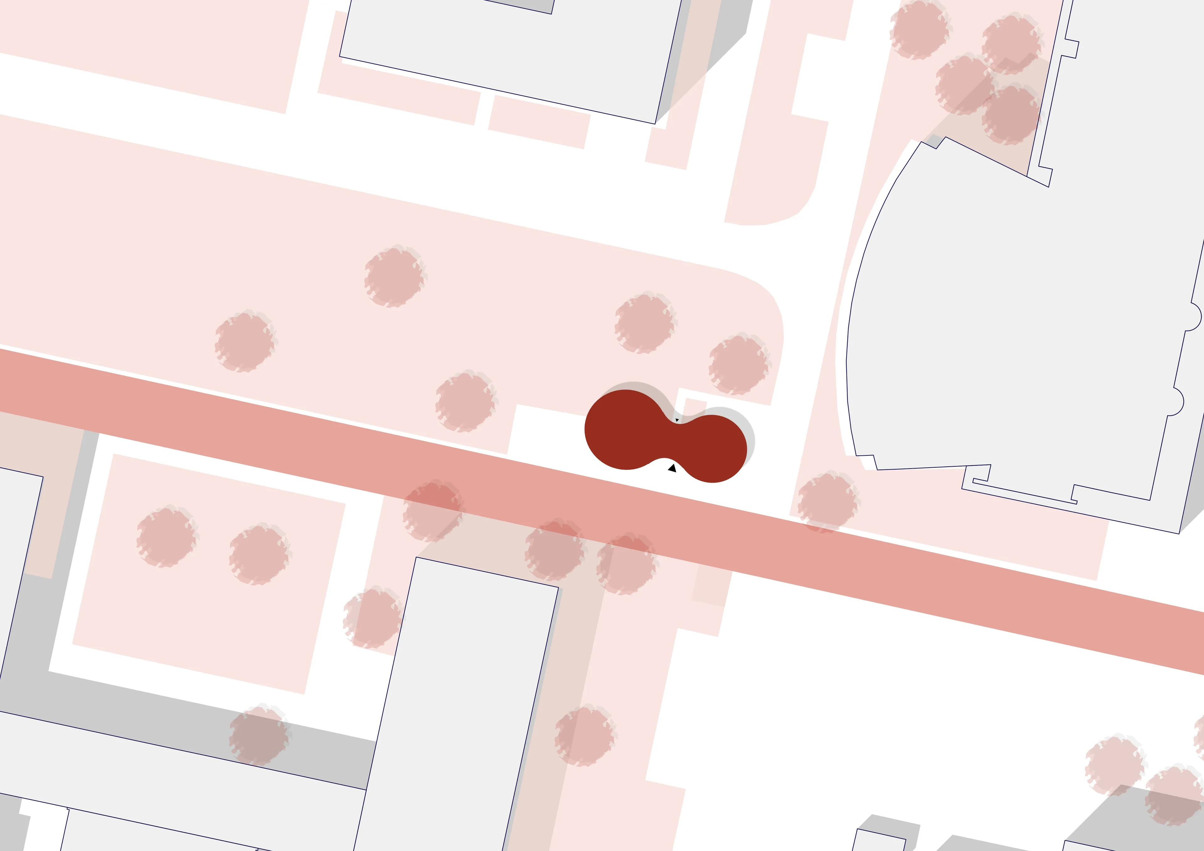 Lageplan: Roter hantelförmiger Pavillon als zentraler Knotenpunkt auf dem Campus-Wegesystem.