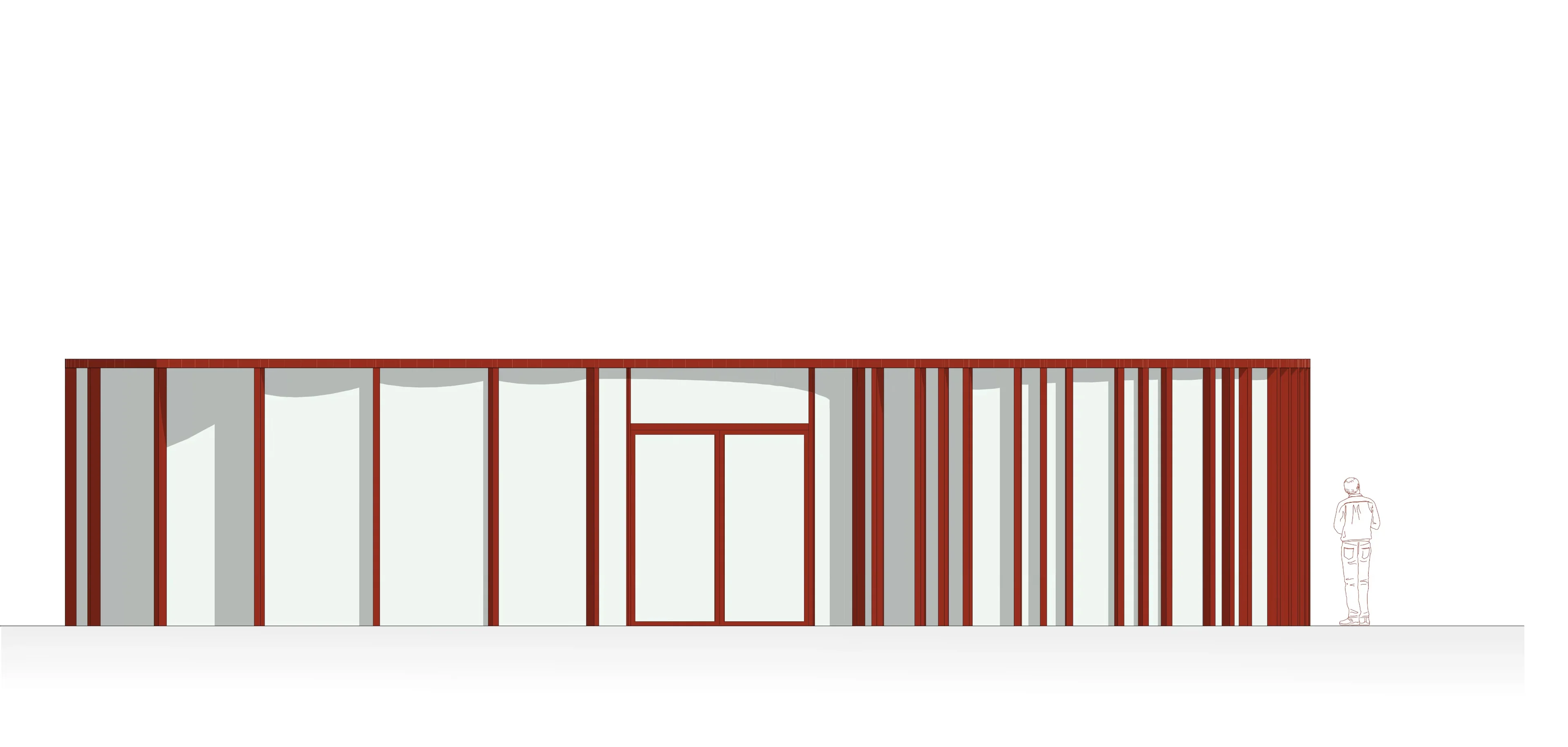 Südansicht: Maximale Transparenz der Glasfassade unter der schmalen, sichtbaren Deckenuntersicht.