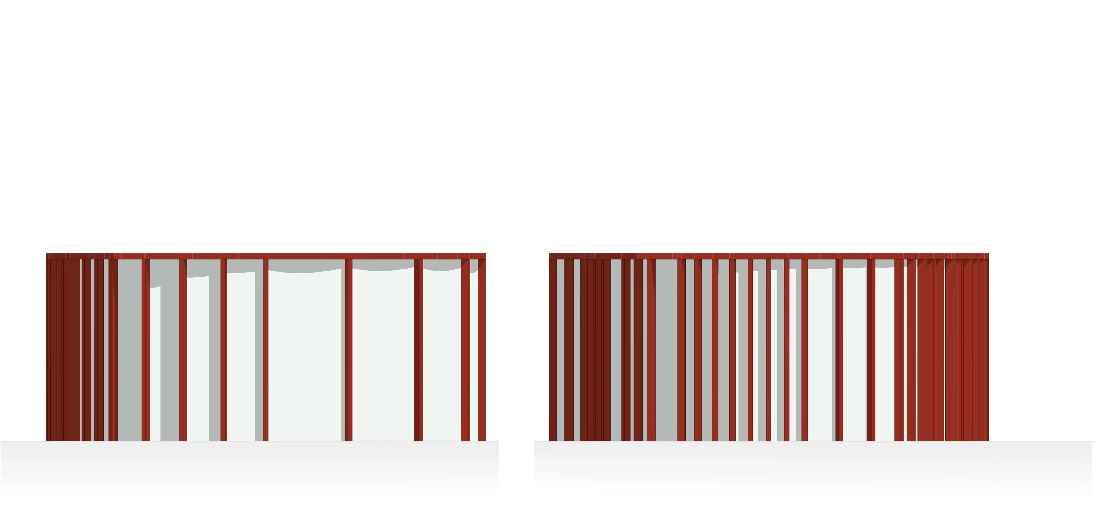 Seitenansicht: Gekrümmte rote Lamellenfassade mit sichtbarer schmaler Deckenkante hinter der Verglasung.