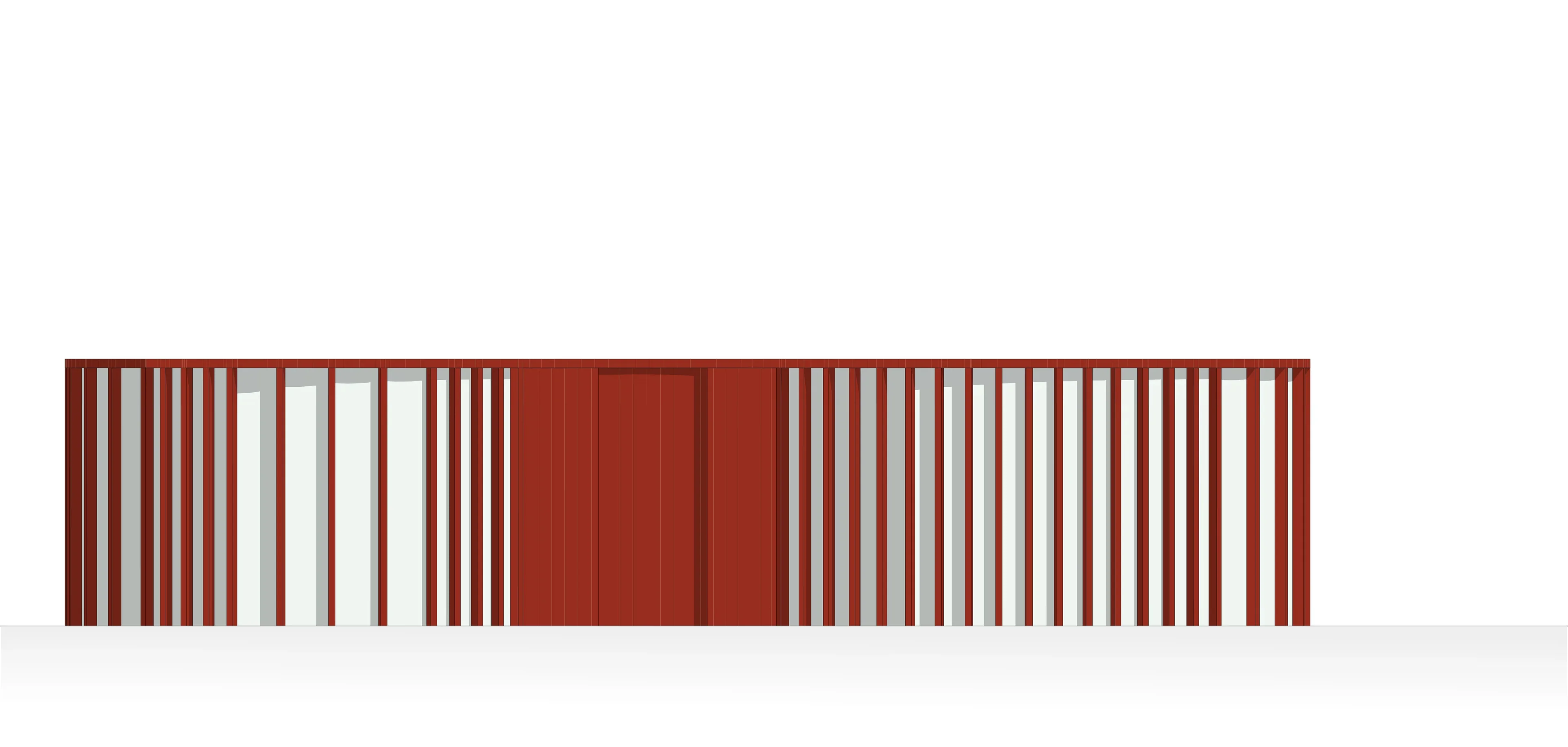 Nordansicht: Geschlossene Lamellen-Rhythmik und die feine horizontale Linie der Dachkante.