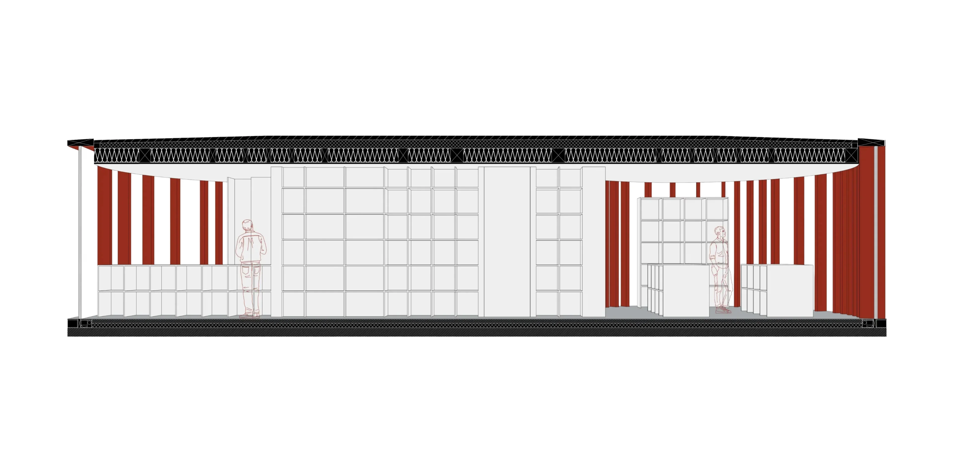 Längsschnitt: Innenraum mit deckenhohen Waffel-Regalen und flacher Dachkonstruktion im Maßstab.
