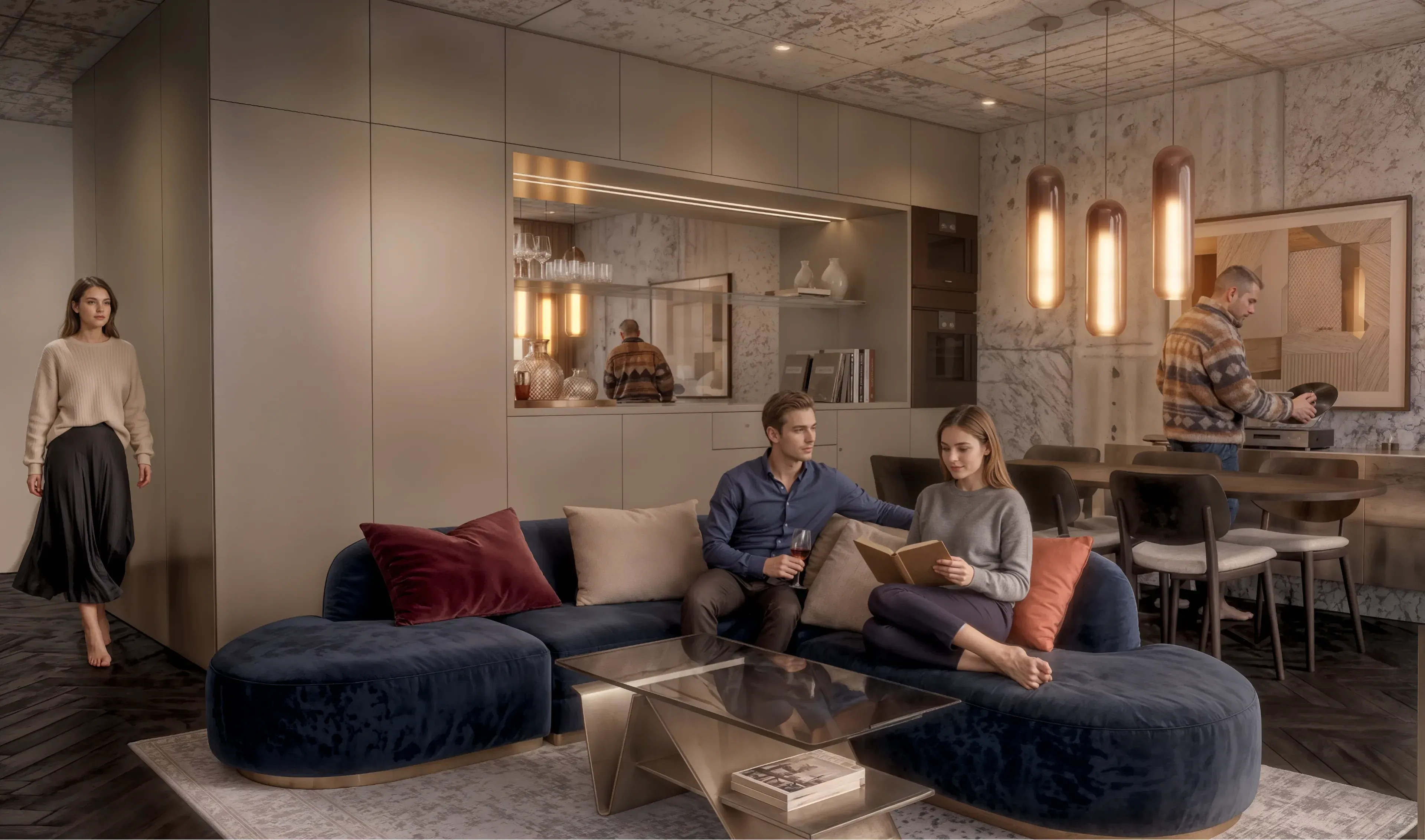 Weitwinkelaufnahme eines luxuriösen, offenen Wohn-, Ess- und Küchenbereichs.