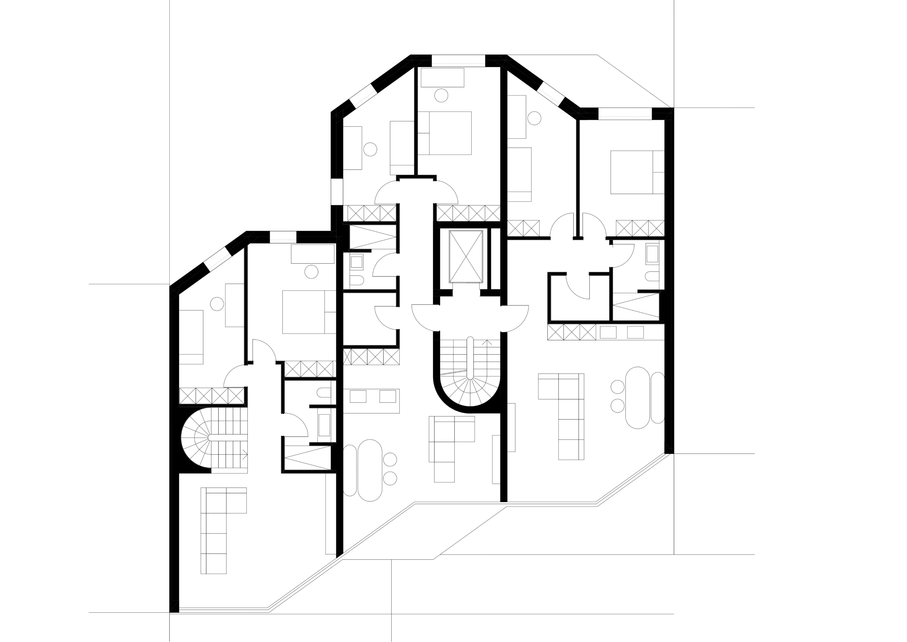 Grundriss 1. Obergeschoss mit Maisonette-Obergeschoss und zwei 3-Zimmer-Wohnungen.
