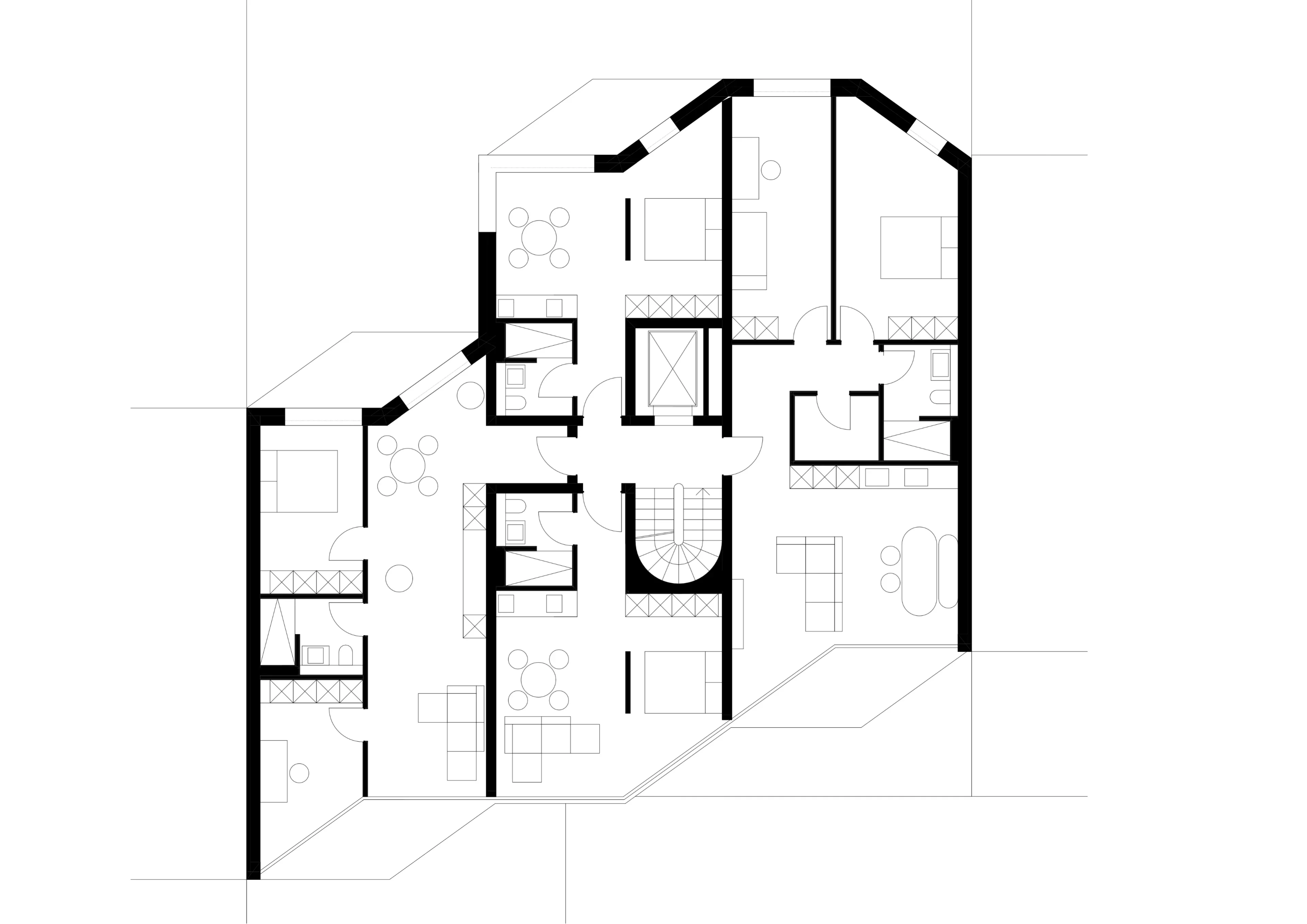 Grundriss 2. Obergeschoss mit zwei Studio-Apartments und zwei 3-Zimmer-Wohnungen.