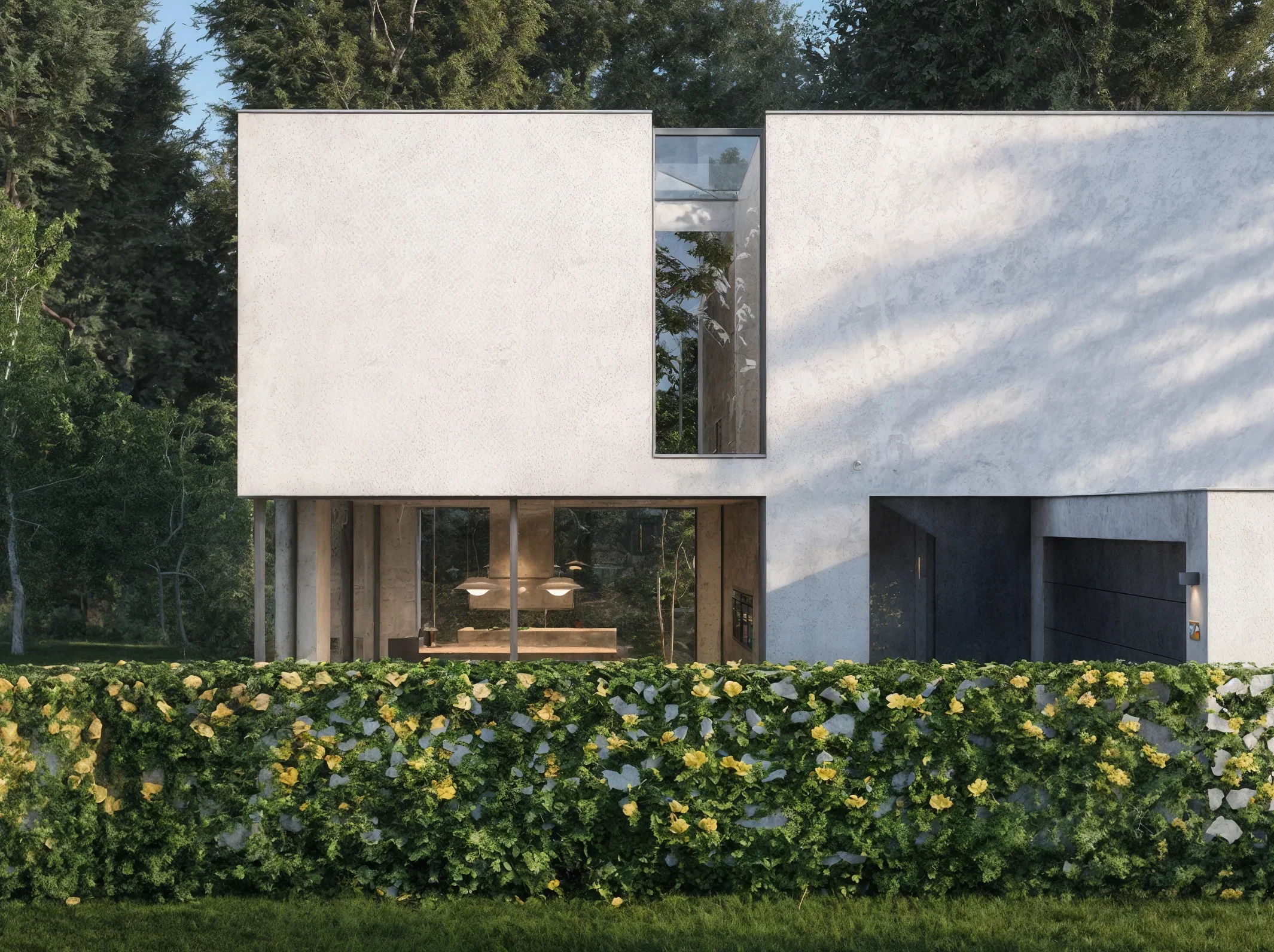 Straßenansicht der Villa am Bach mit monolithischem Obergeschoss und schützender Hecke.