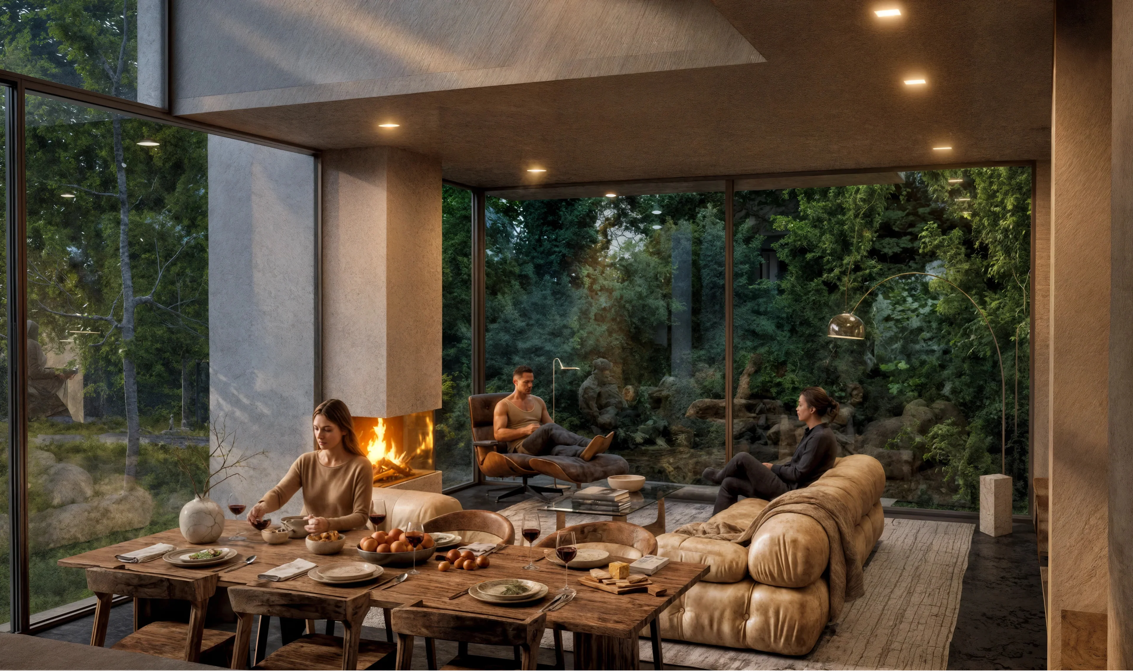 Innenraum der Villa am Bach: Raumhohe Verglasung und skulpturale Kaminsäule.