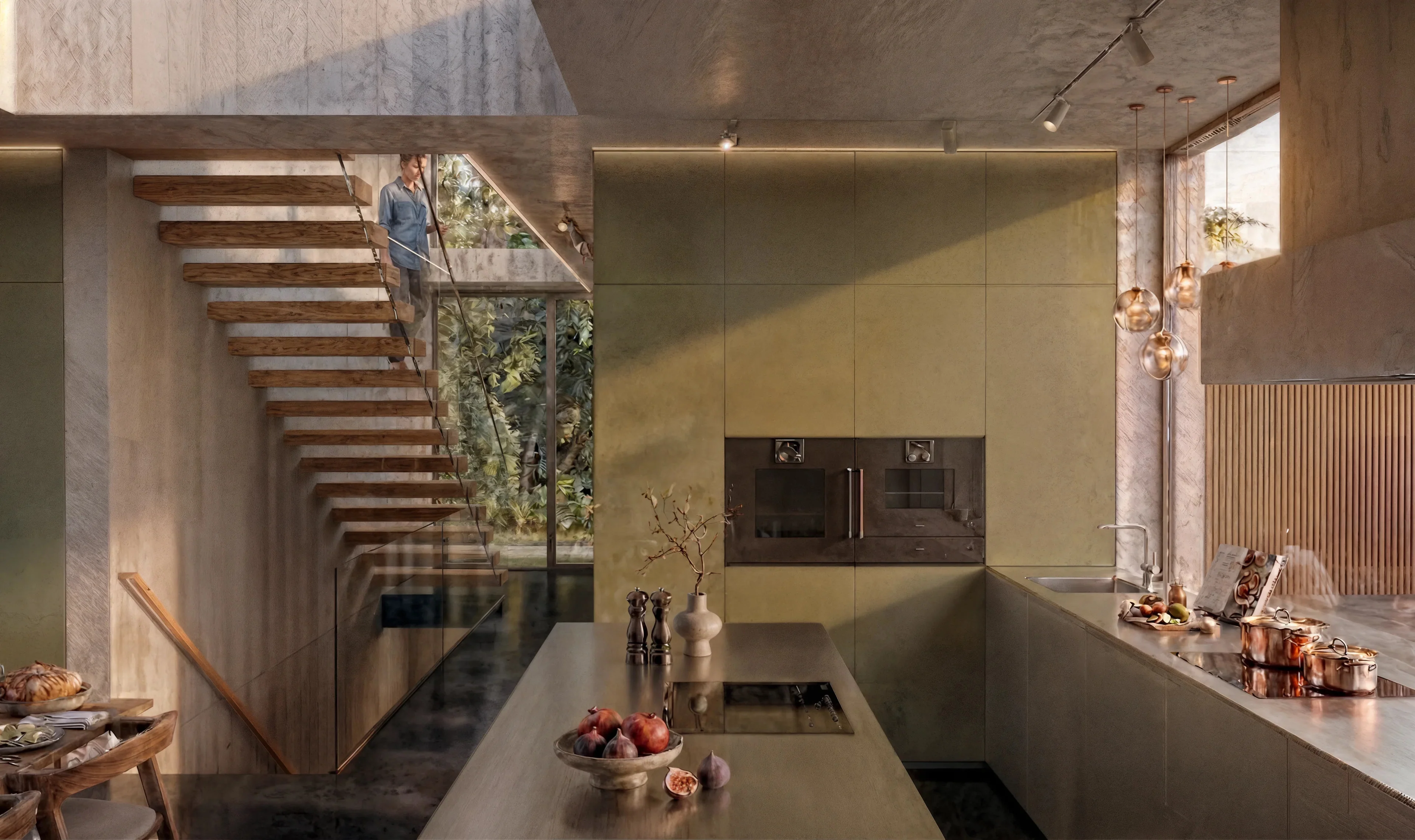 Moderne Küche mit olivgrünen Fronten, Edelstahl-Insel und Sichtbetonwänden.