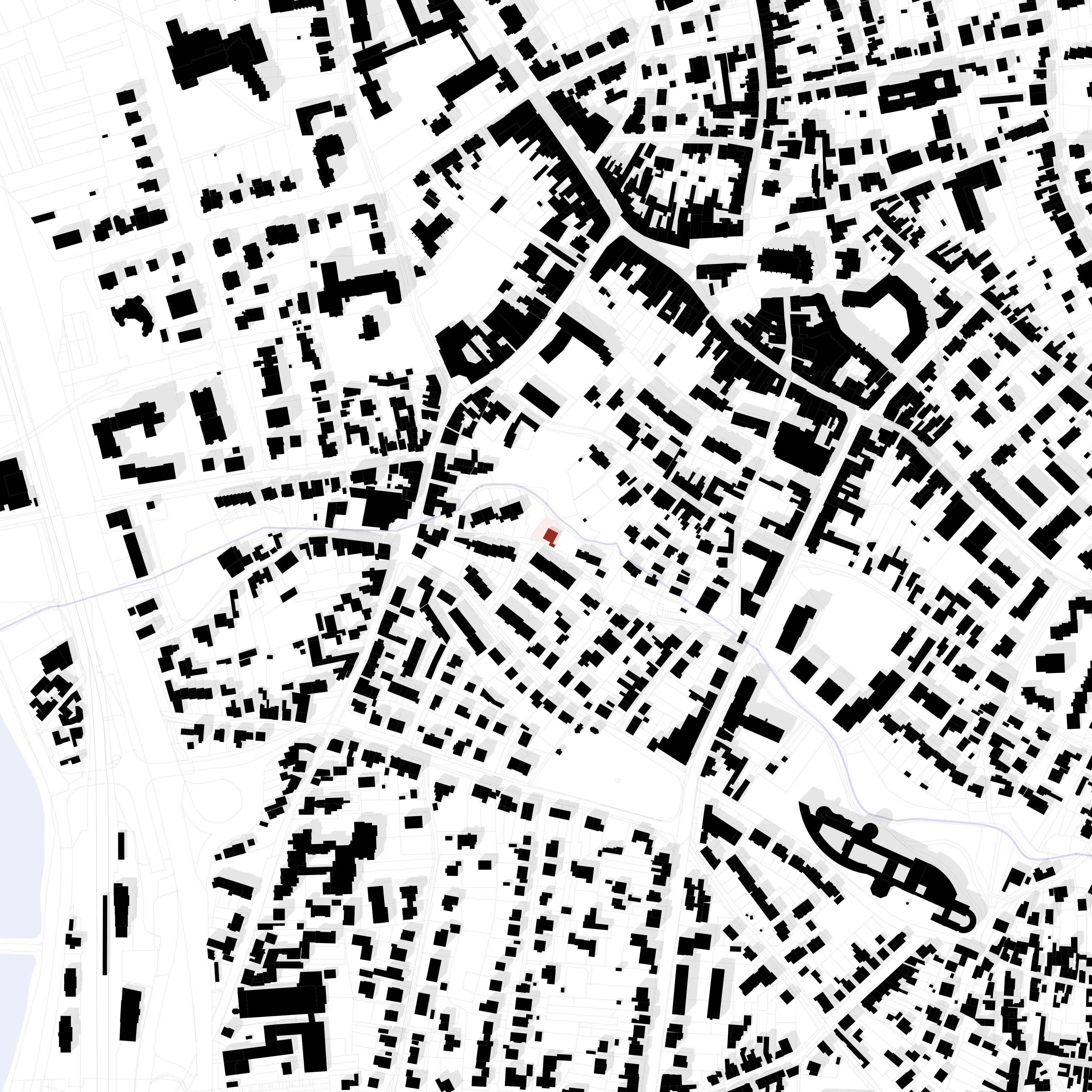 Schwarz-weiße Stadtkarte von Bad Honnef am Rhein, mit einem rot markierten Gebäude am Hang und in der Nähe eines Baches.