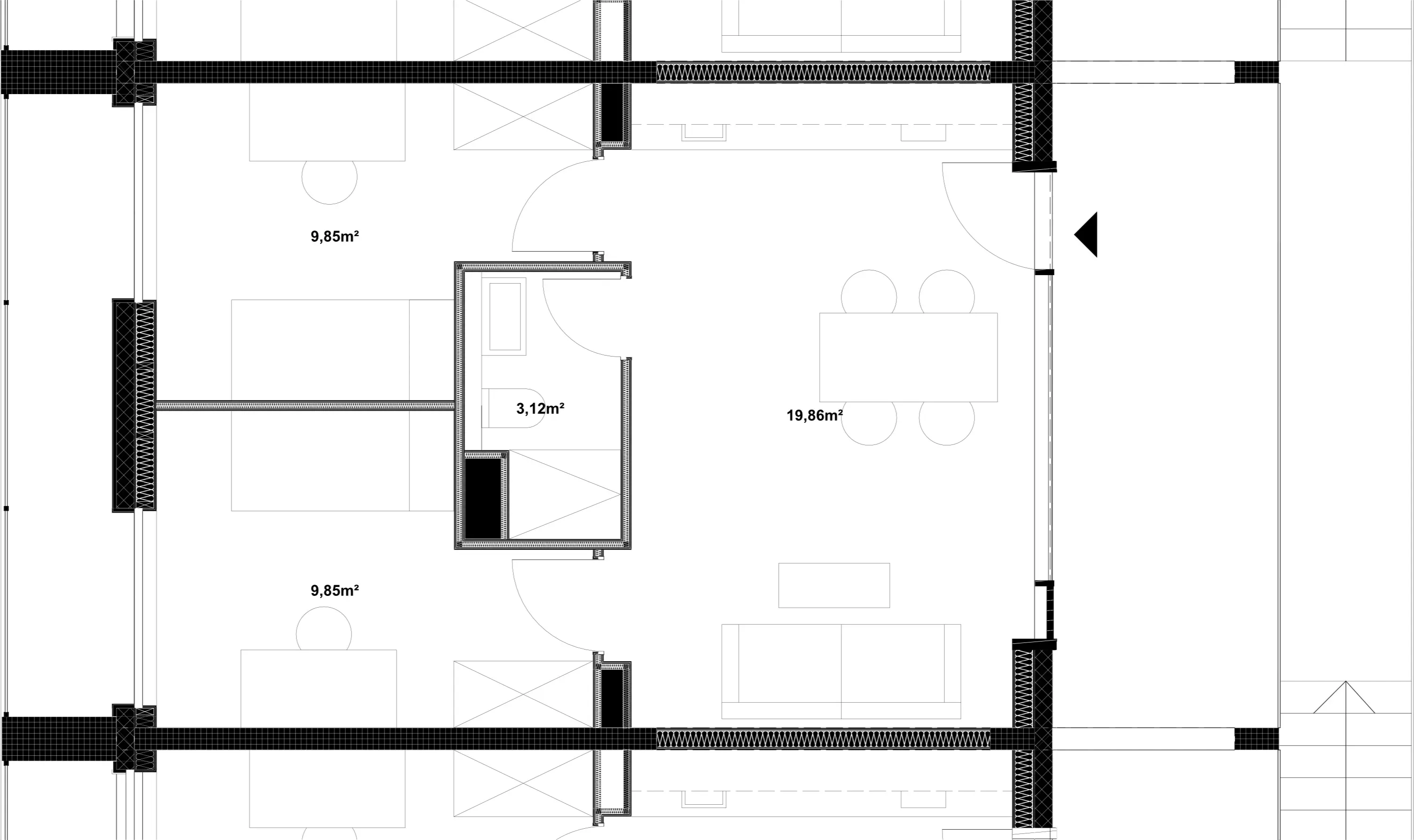 Detaillierter Wohnungsgrundriss 1:50 mit zwei Individualräumen , einer zentralen Nasszelle  und großem Wohnbereich .