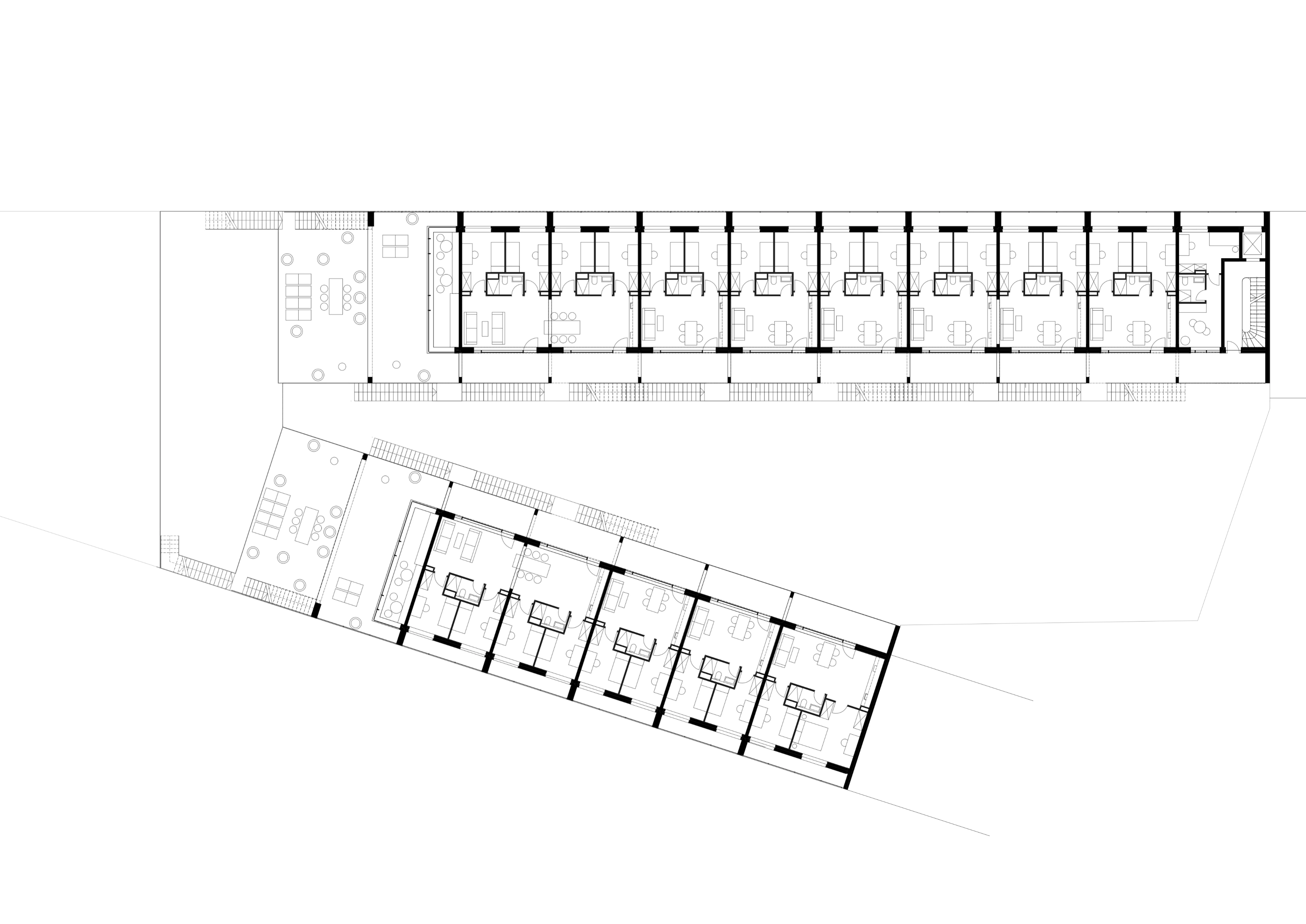 2.OG-Grundriss: Flexible 40m²-Wohnungen mit Laubengang und großzügigen, abgetreppten Gemeinschaftsterrassen.