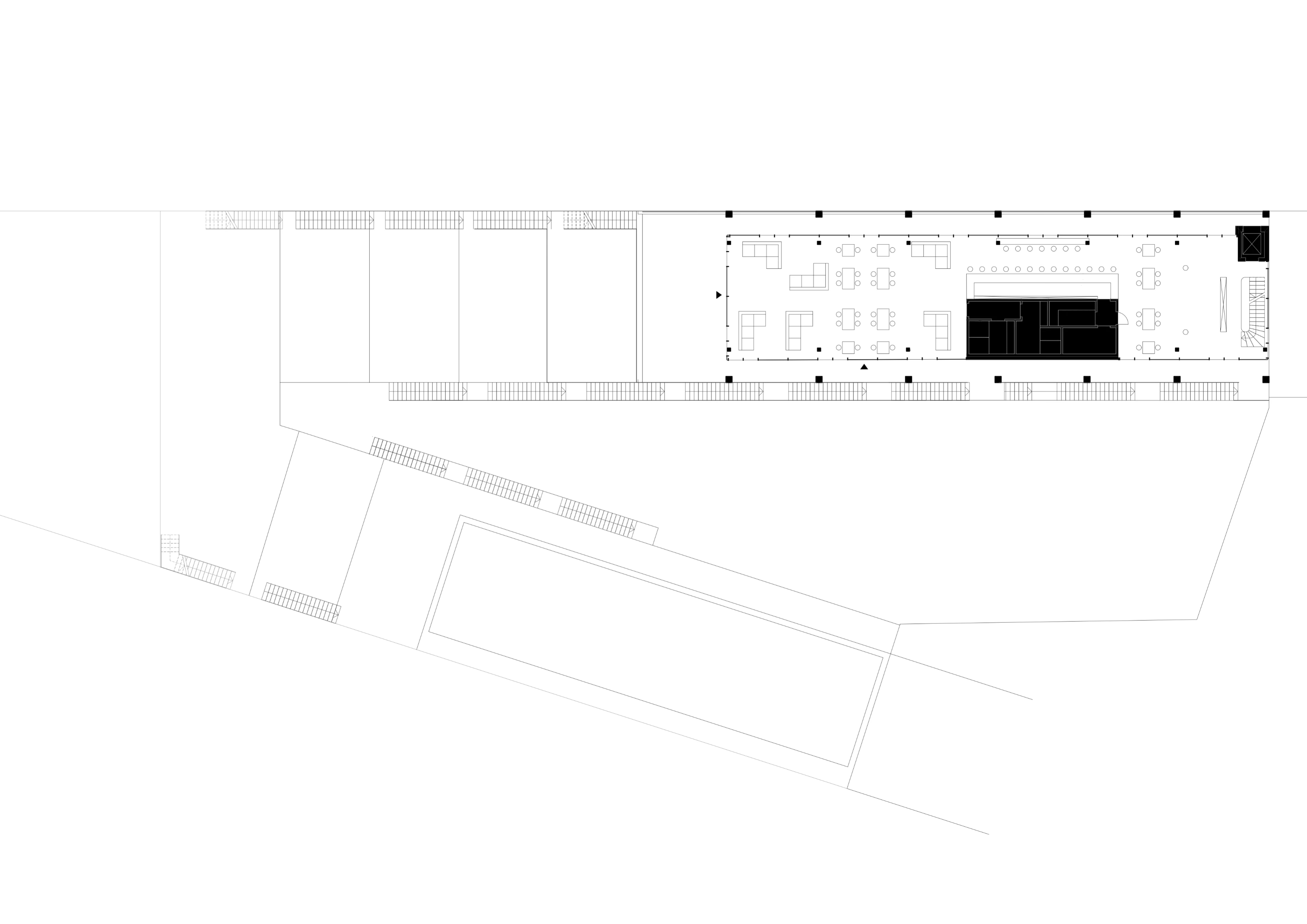 DG-Grundriss: Rooftop-Bar mit 360-Grad-Panorama, zentralem Serviceblock und vielfältigen Sitzlandschaften.
