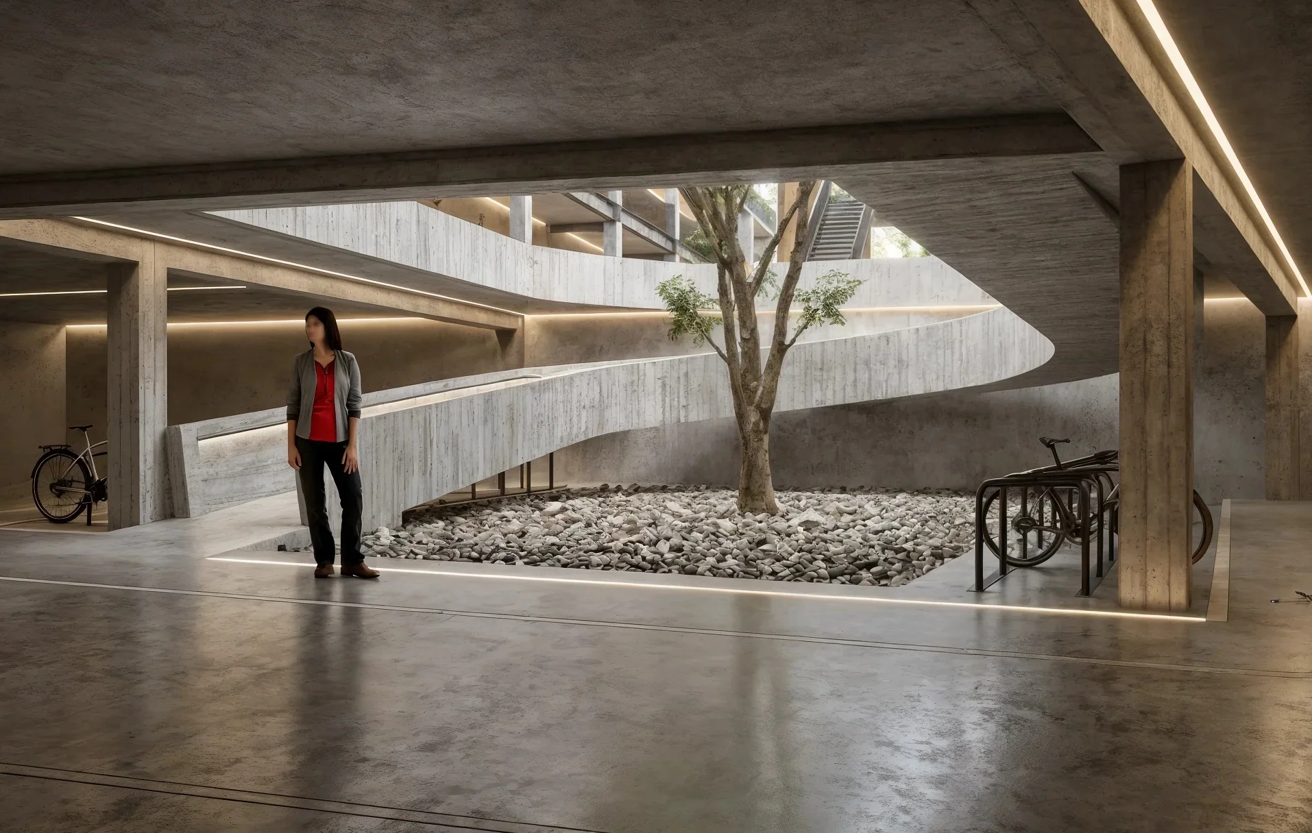 Innenraum: Spiralförmige Betonrampe für Fahrräder in einem Lichthof mit Baum und linearer LED-Beleuchtung.