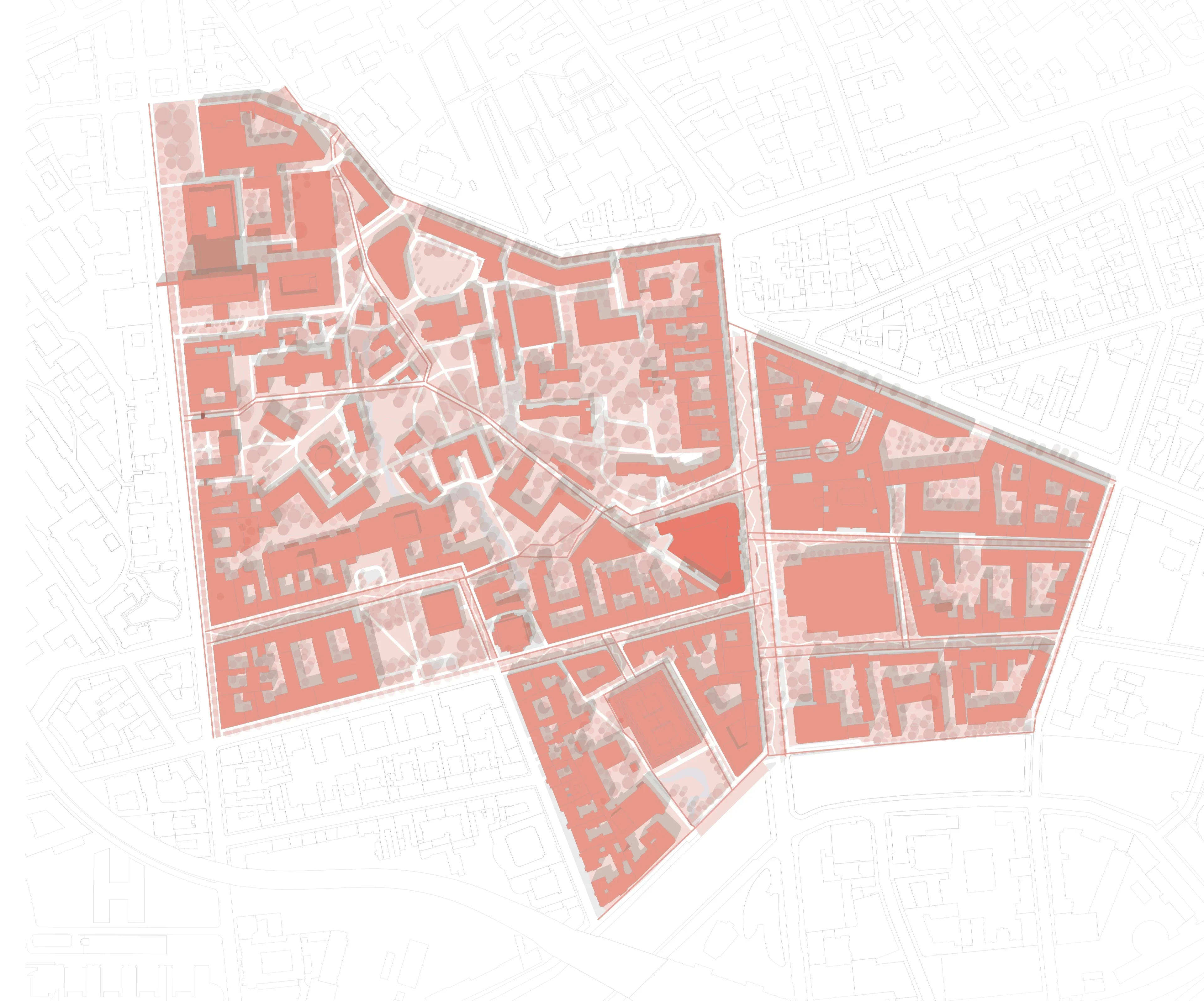 Masterplan des Quartiers: Rot markierte Verdichtung der Blockrandbebauung inmitten der Berliner Innenstadt.
