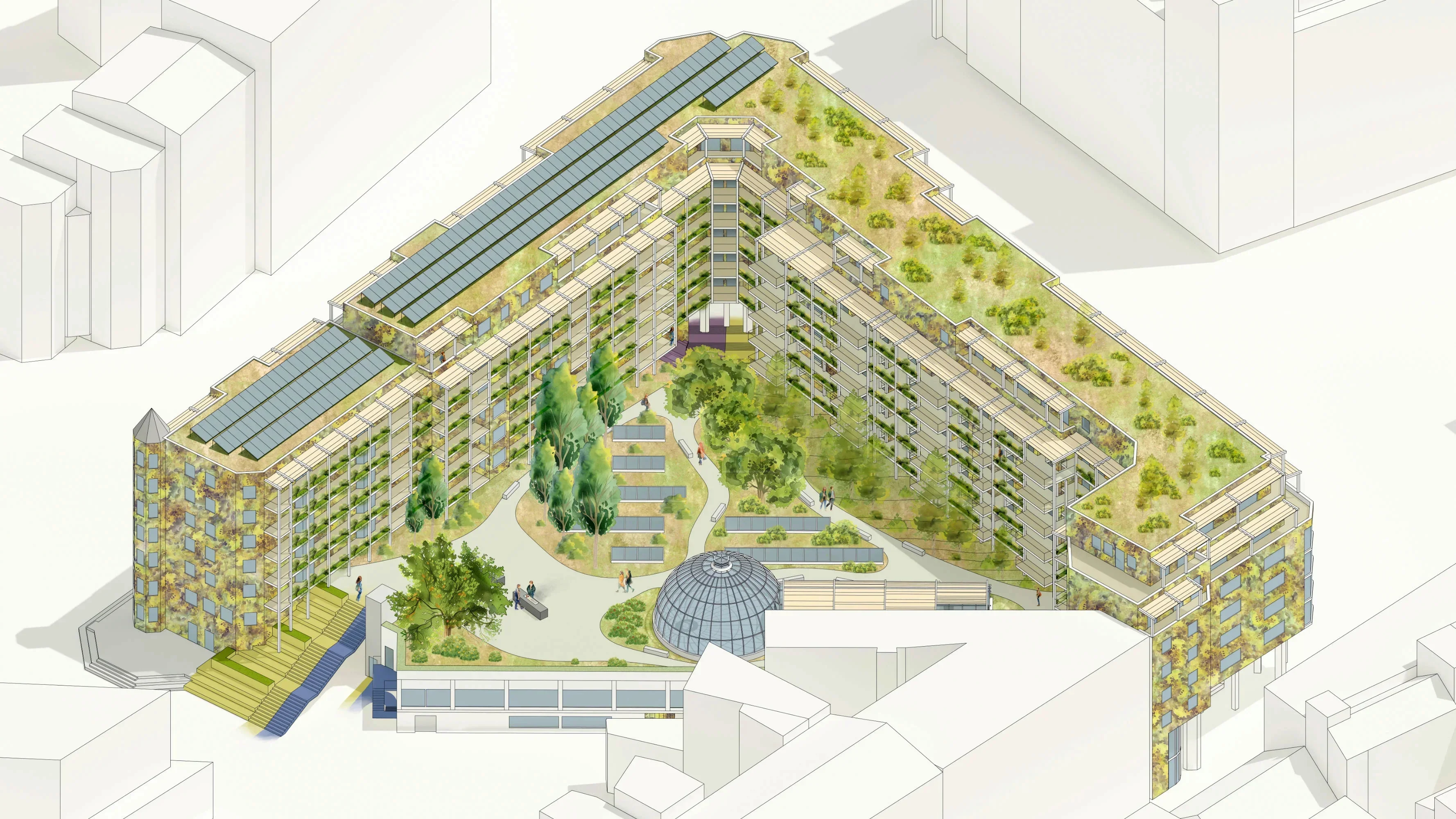 Axonometrie des umgebauten Quartiers mit entsiegeltem, grünem Innenhof, zentraler Glaskuppel und intensiv begrünten Dachflächen.