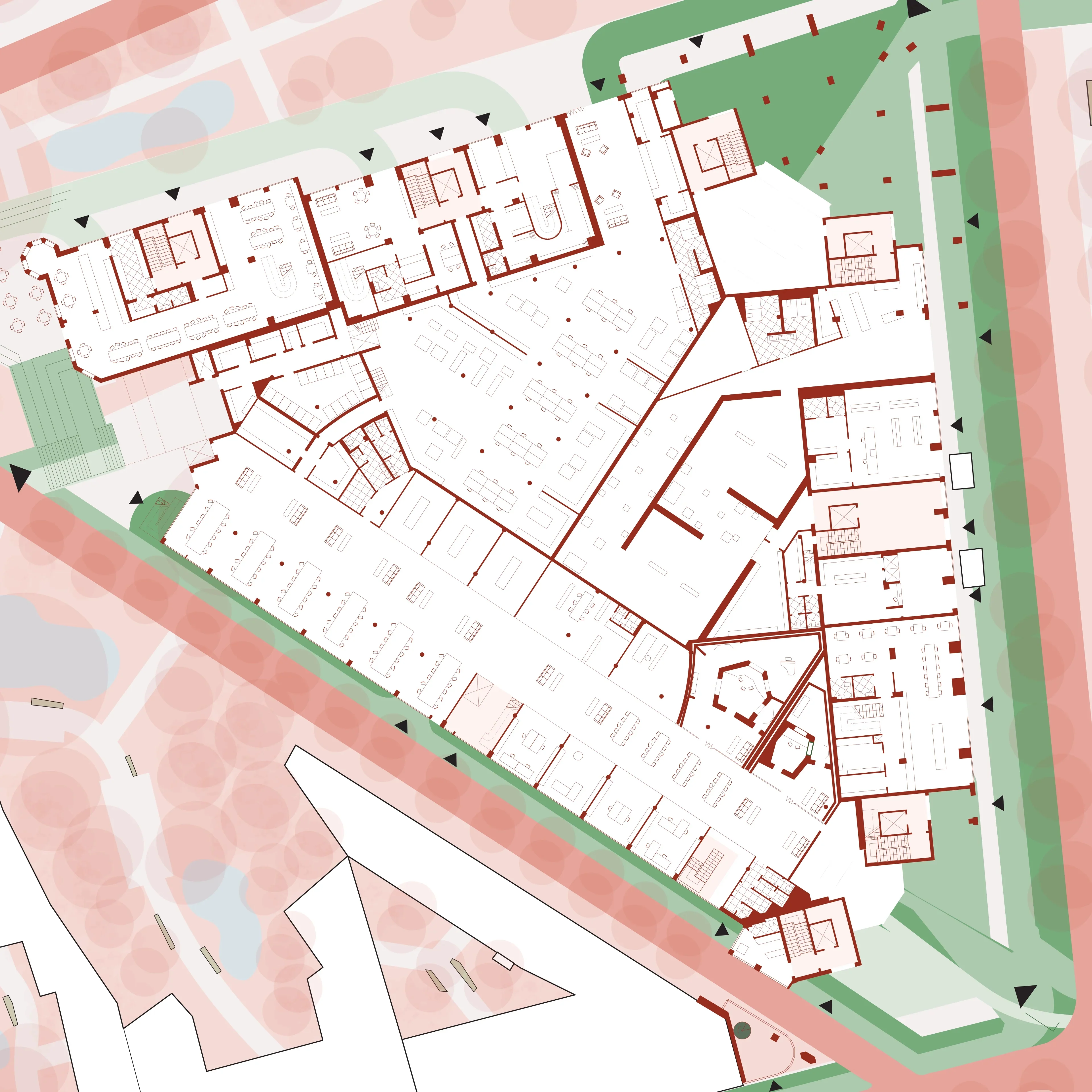 Detaillierter Grundriss des Erdgeschosses mit weitläufigen Sharing-Flächen, Werkstätten und entsiegeltem Hof.