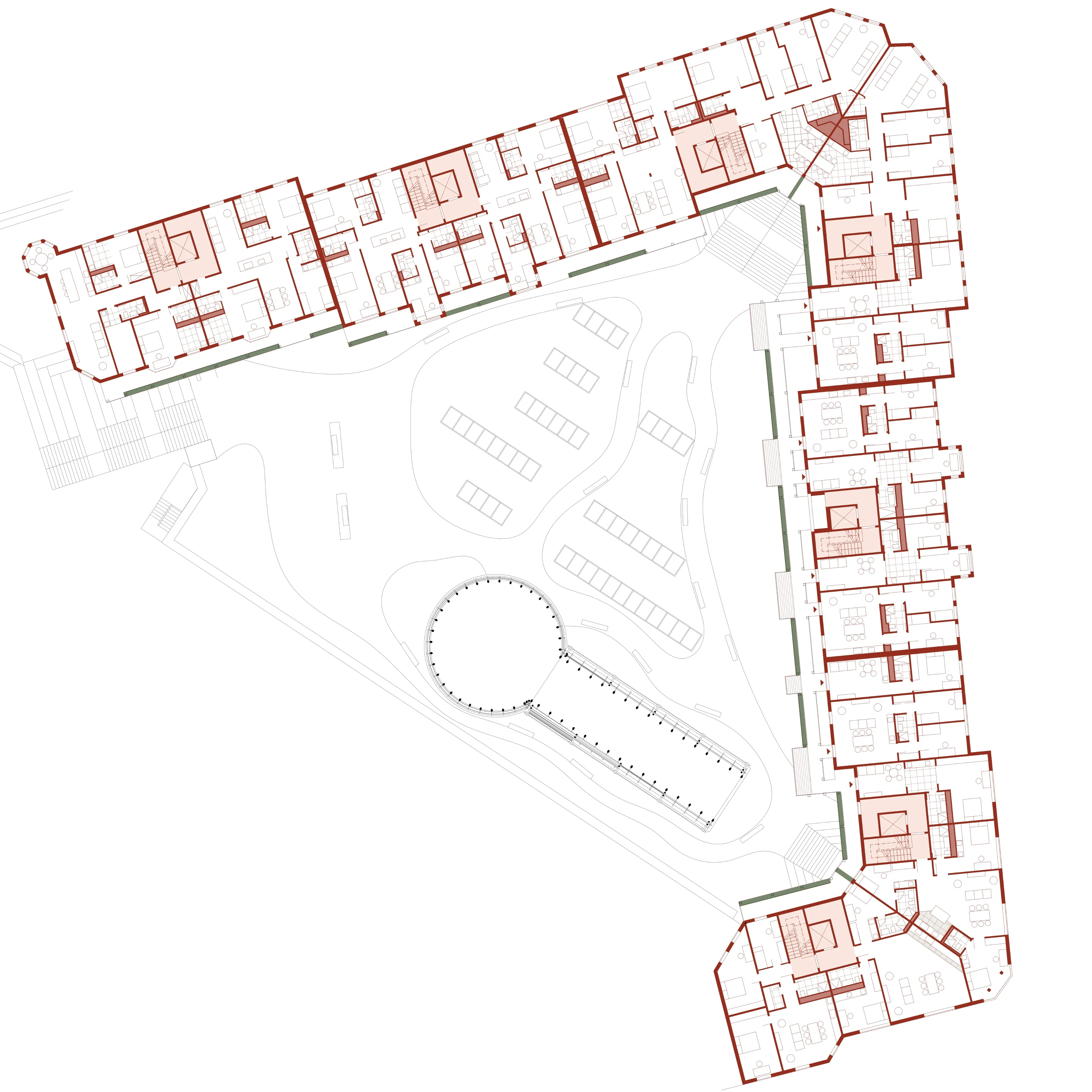 Grundriss des Obergeschosses: Modulare Wohnstruktur, die über einen umlaufenden, hofseitigen Laubengang erschlossen wird.